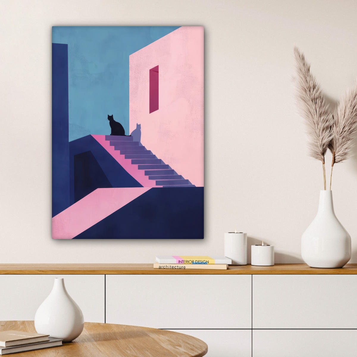 LEINWANDBILD Katze - Treppe - Gebäude - Schattenkontraste Wandbild Wohnzimmer 60x80 cm - Dunkelblau, Textil (60/80cm) - MuchoWow
