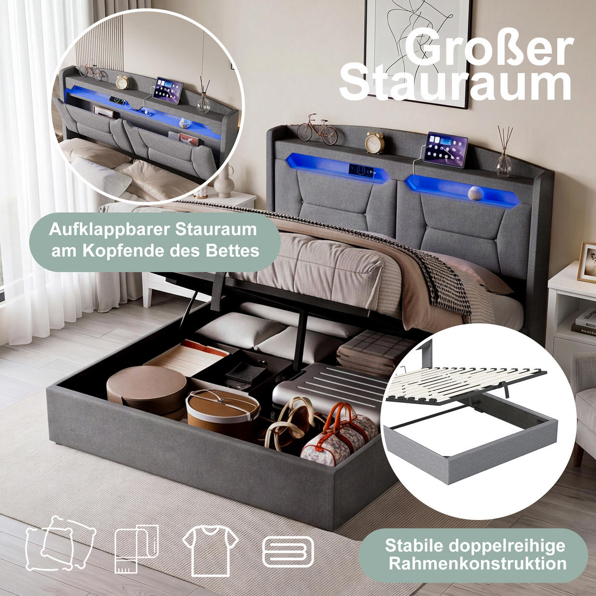 POLSTERBETT 140/200 cm mit Stauraum & LED‑Beleuchtung, gepolstertes Kopfteil mit USB‑Ladestation, graues Stoffbett mit Bettkasten für Schlafzimmer - Anthrazit, Holz/Metall (140/200cm) - Joyfair