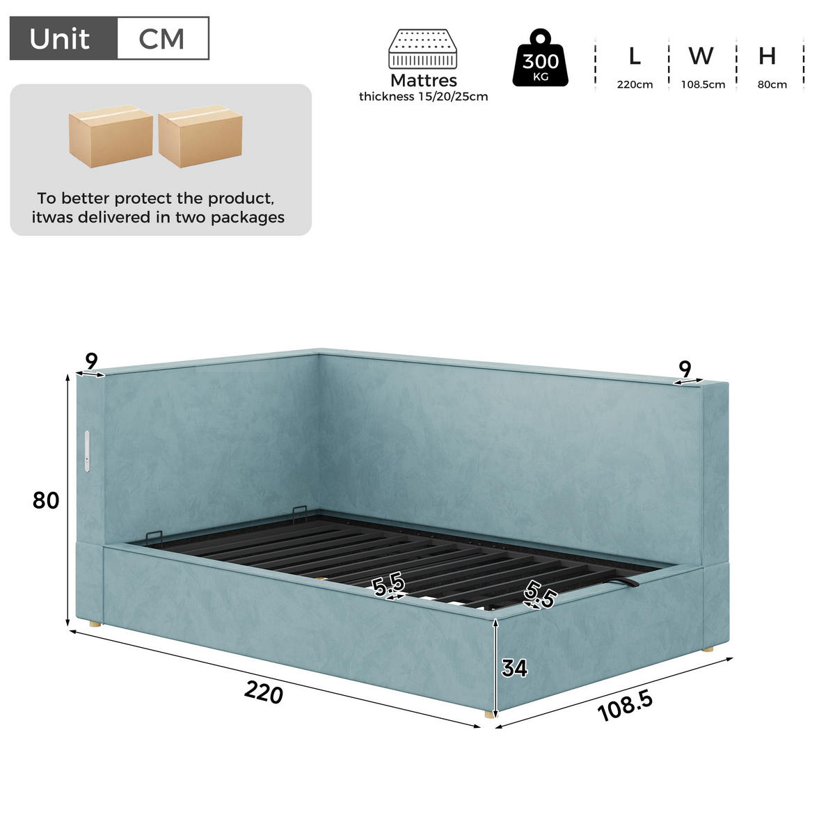 DAYBETT 90x200 cm, Blau, Samt, LED, USB/Typ-C - Blau, Textil (90/200cm) - FLIEKS