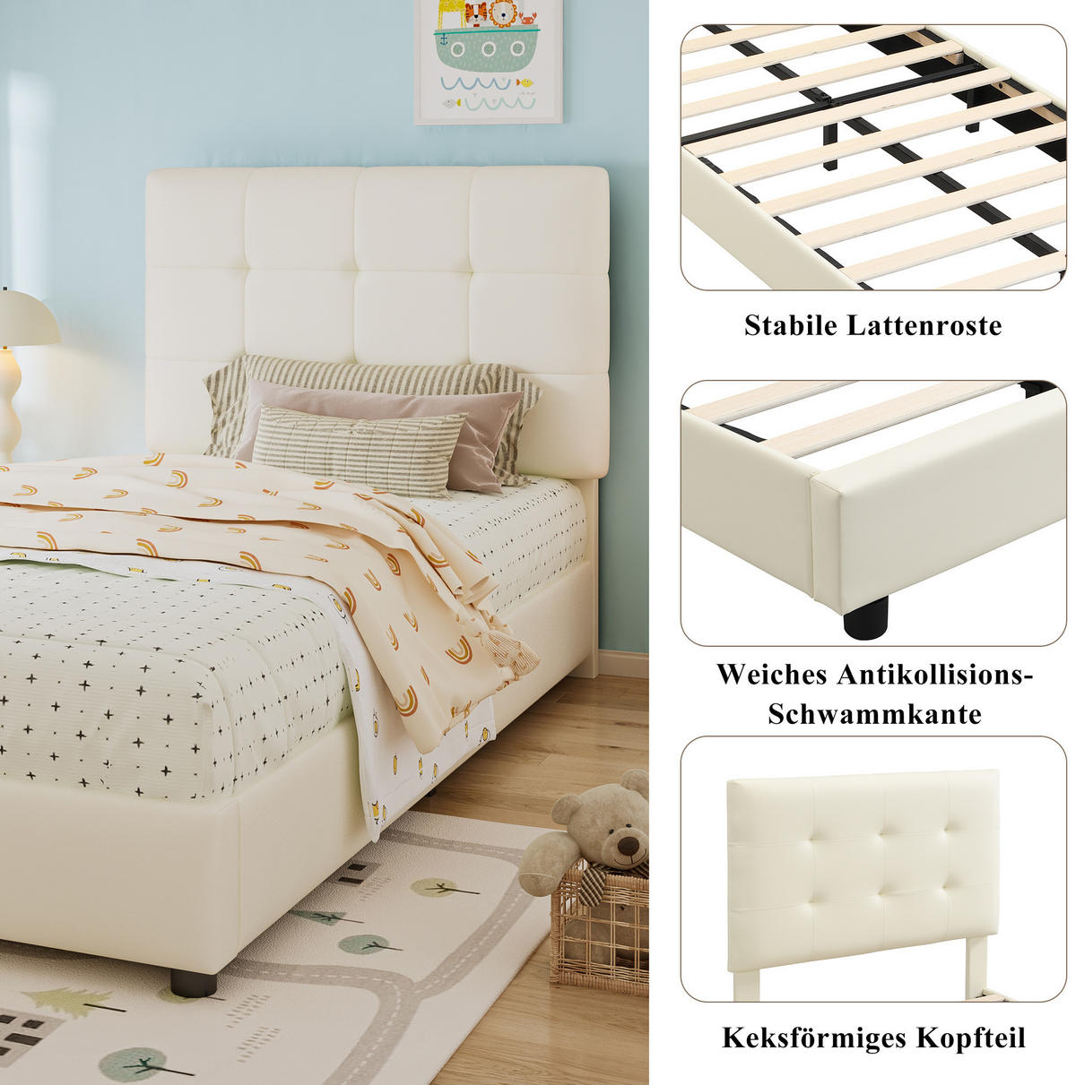 POLSTERBETT 90/200 cm Beige aus PU mit keksförmigem Kopfteil - Beige, Holzwerkstoff (90/200cm) - OKMYHOME