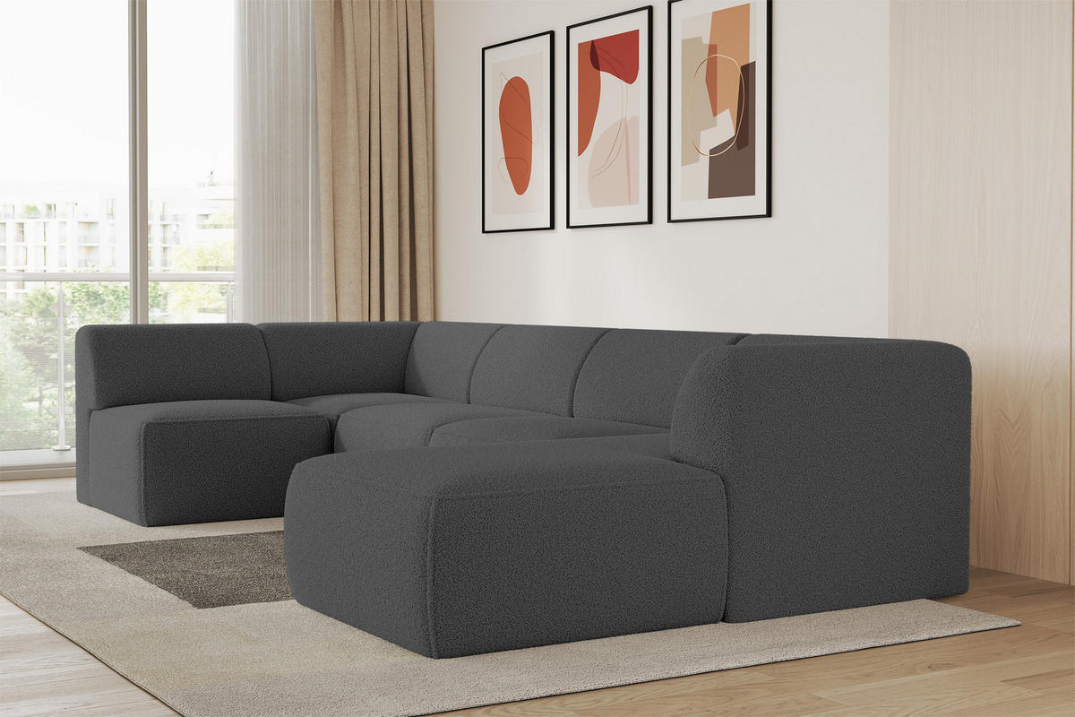 WOHNLANDSCHAFT Ottomane Rechts MOVO-L 345x180x78 cm Grau Bouclé - Chromfarben, Holzwerkstoff/Kunststoff (180/78/345cm) - ALTDECOR