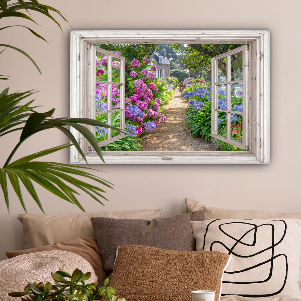 LEINWANDBILD Hortensie - Durchsichtig - Blumen - Sommer - Lila - Weg Wanddeko 90x60 cm - Lila, Textil (90/60cm) - MuchoWow