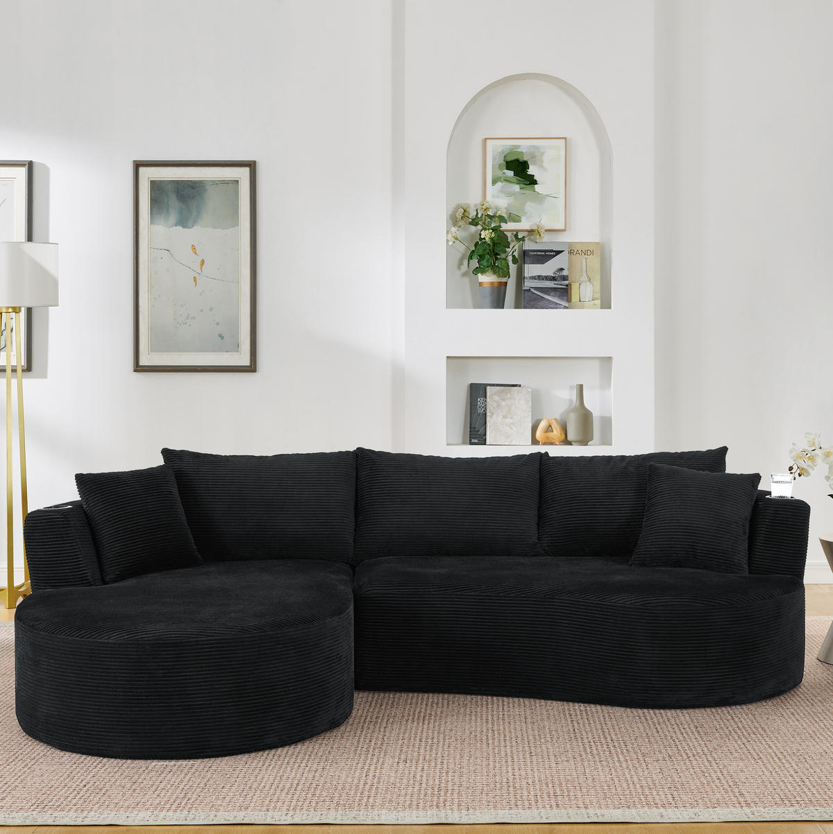 SOFA 3-Sitzer bogenförmig Schwarz mit Getränkehaltern - Schwarz, Textil (168/264cm) - Meubliv