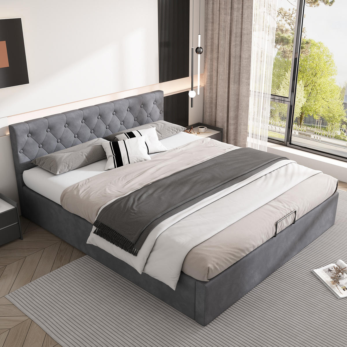 POLSTERBETT 140/200 cm in Grau Samt - Grau, Holz/Textil (140/200cm) - KOMHTOM