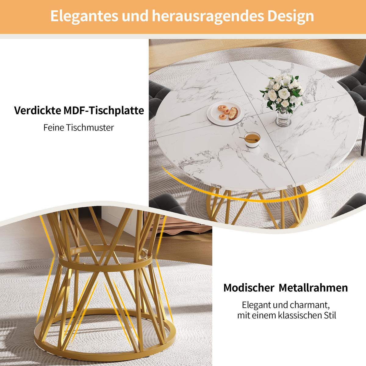 ESSTISCH 100/100/76 cm gold mit höhenverstellbaren Füßen aus MDF und Metall - Goldfarben, Holzwerkstoff (100/100/76cm) - OKWISH