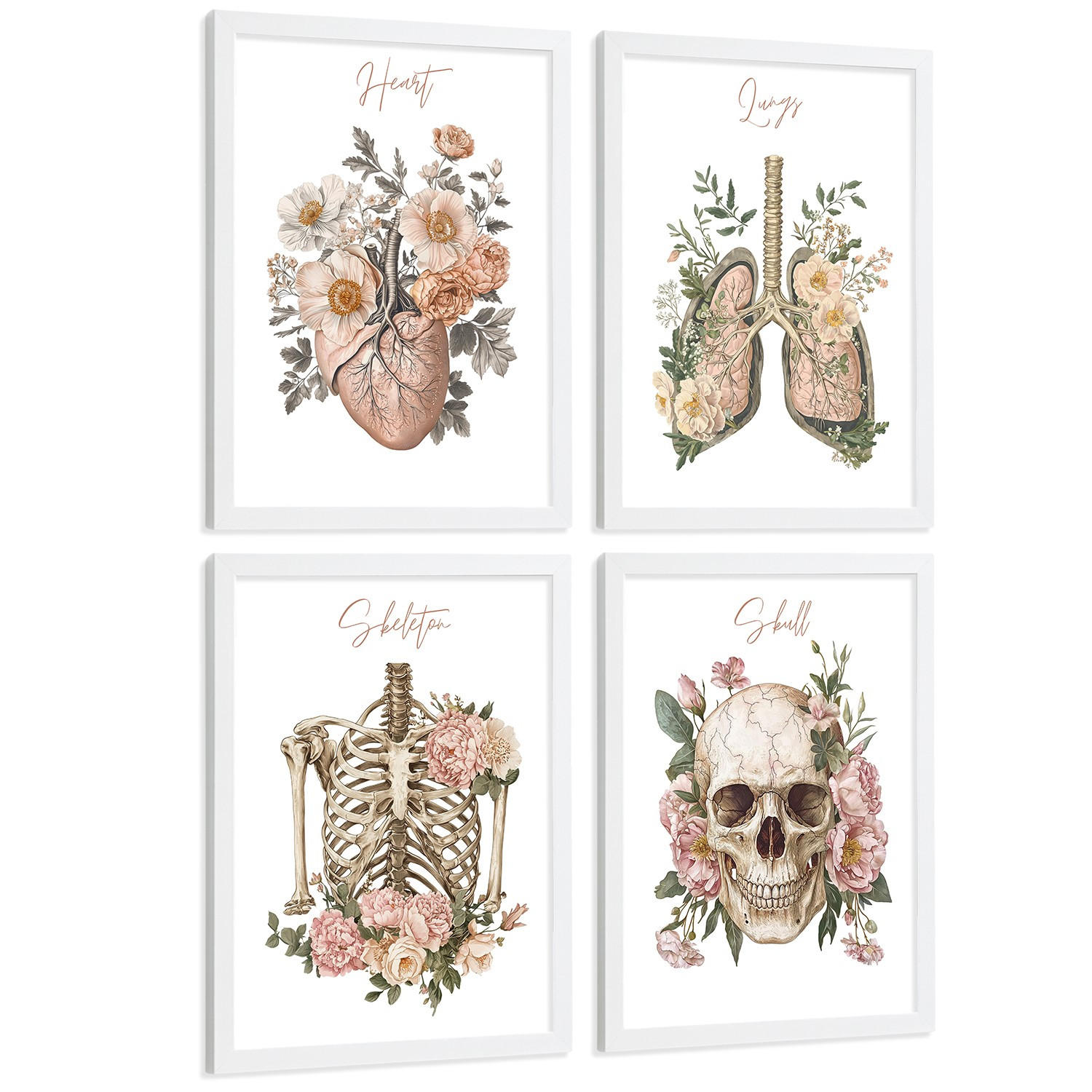 POSTER Set aus 4 Anatomie Mensch Florale Drucke und Wandbilder mit Herz Lungen Skelett und Schädel Stil Wanddekoration Größe Weißer Rahmen A3 - Weiß, Papier (29.7/42/3cm) - Nacnic
