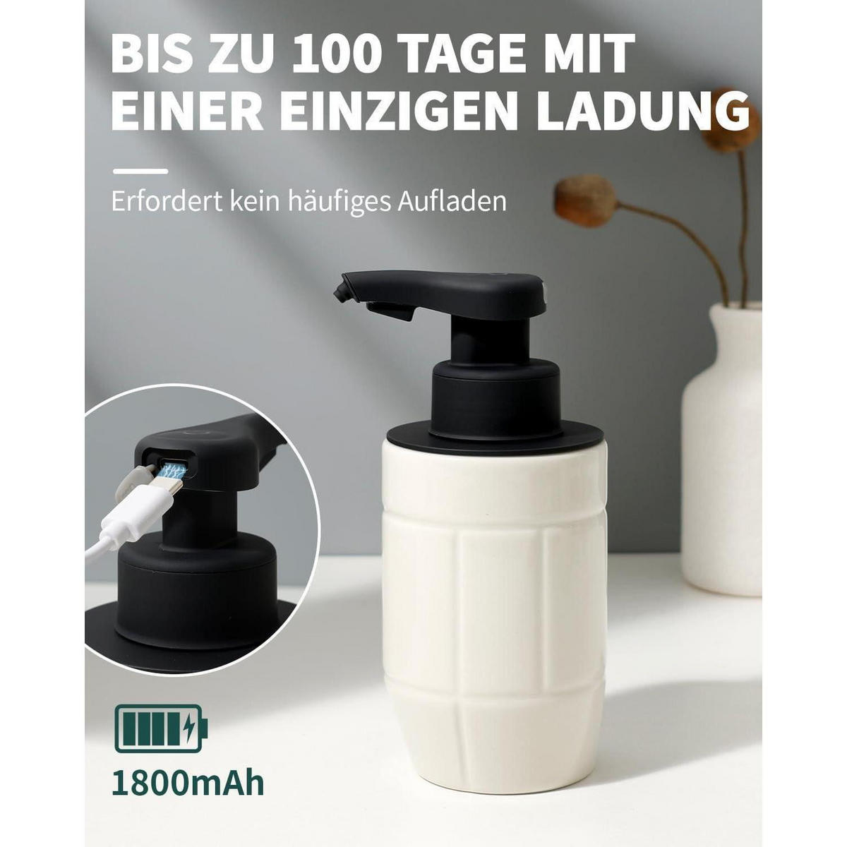 AUTOMATISCHER Seifenspender Keramik 320ml USB-Aufladung - Weiß, Keramik (6.5/17/9.5cm)