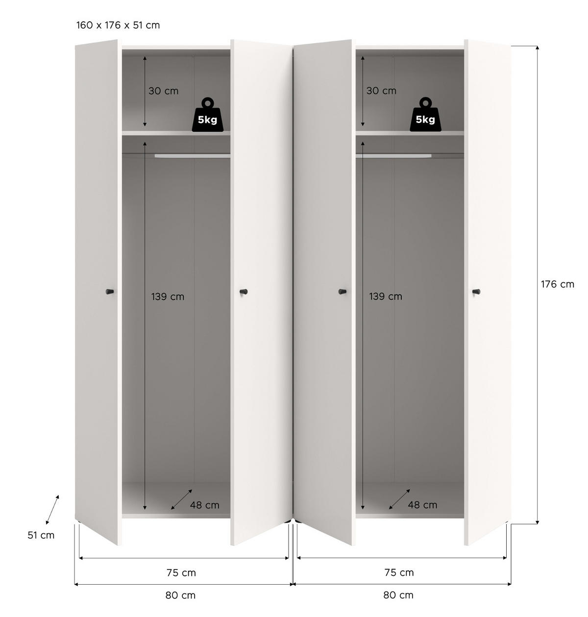KLEIDERSCHRANK weiß 4-türig 160 cm, Drehtürenschrank mit Kleiderstangen - Schwarz/Weiß, Holzwerkstoff/Kunststoff (160/176/51cm) - Inn.Furn