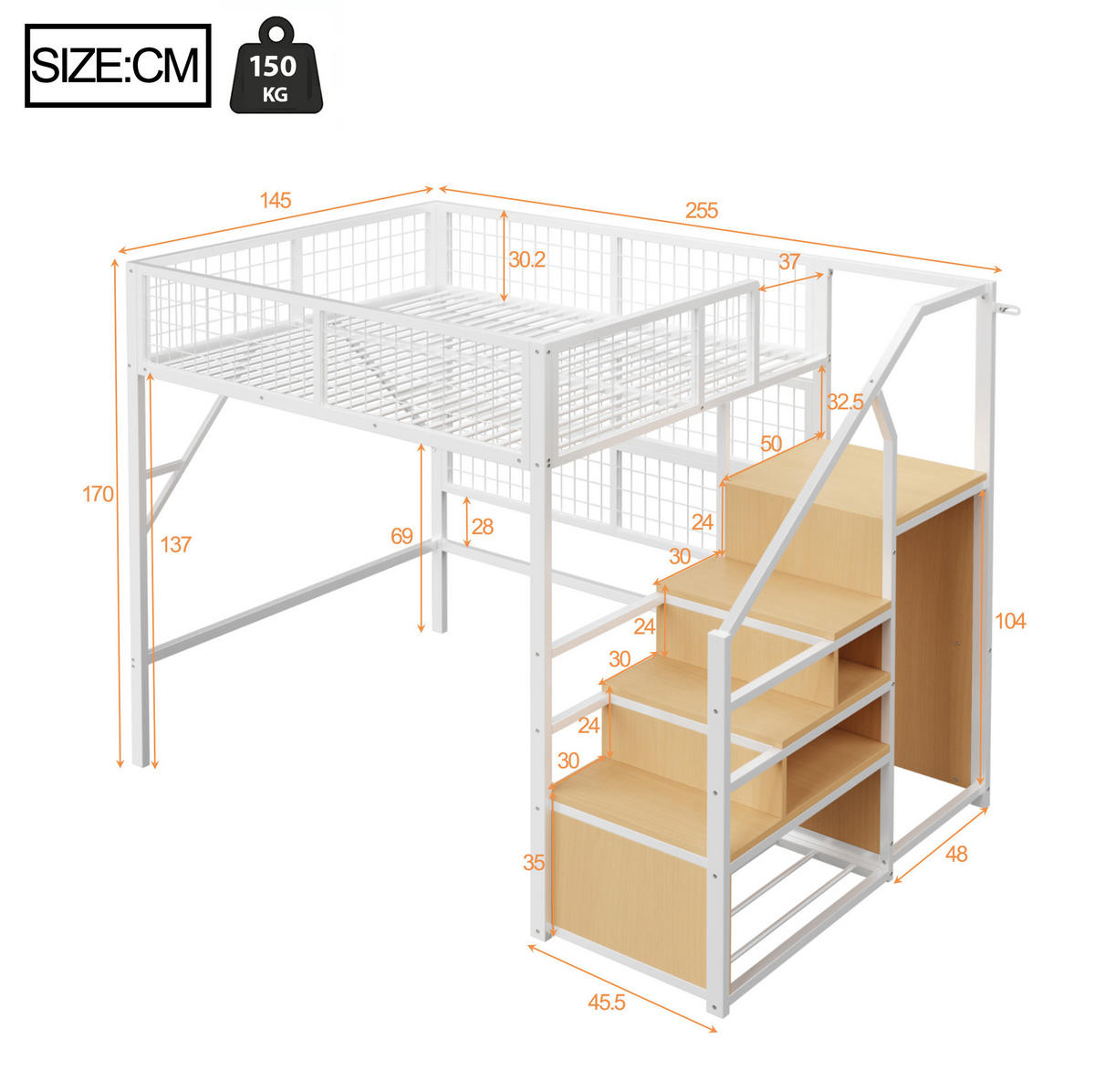 VYSOKÁ postel 255/145/170 cm bílá s LED osvětlením a úložnými schody z kovu a MDF - bílá, kov (140/200cm) - OKWISH
