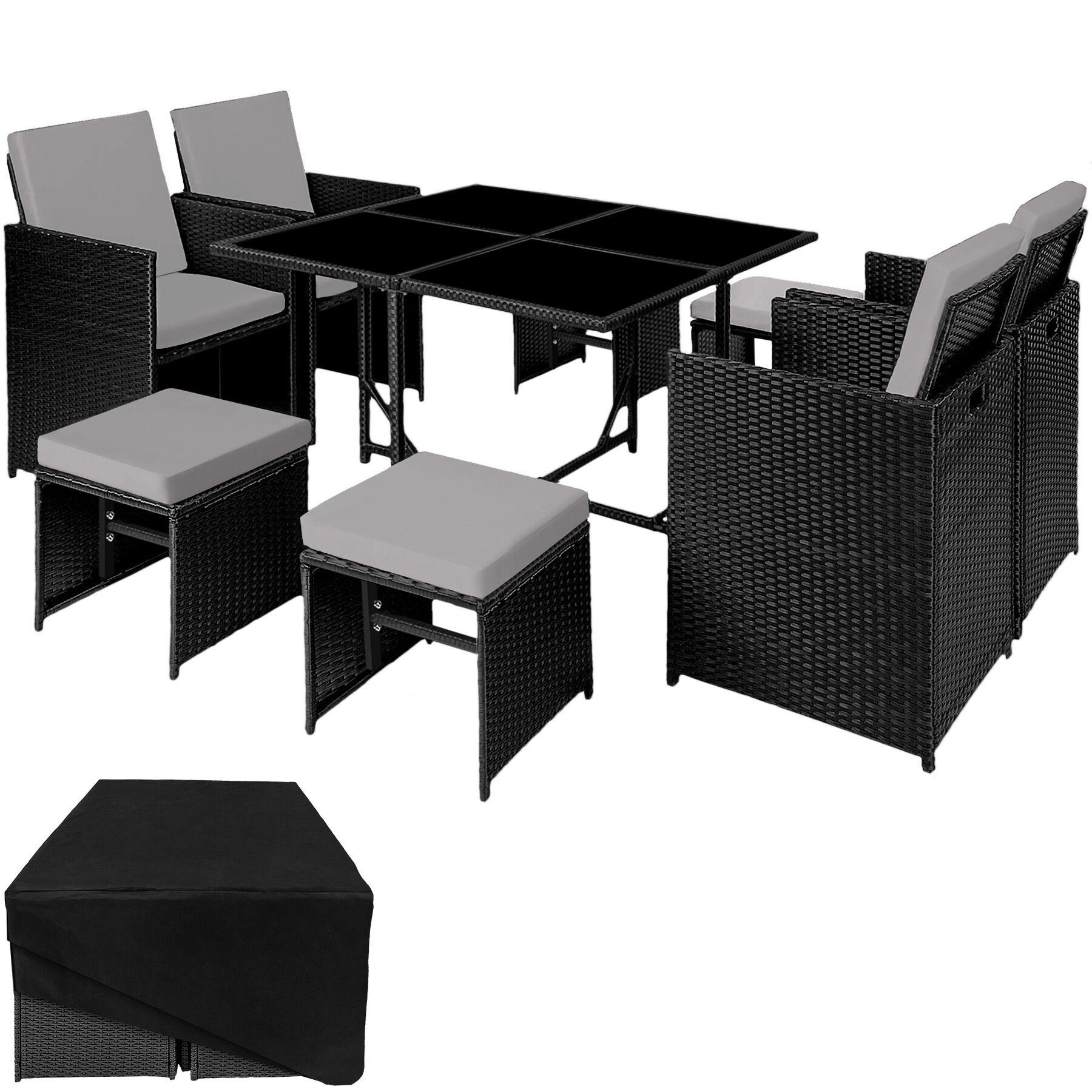 RATTAN SITZGRUPPE Bilbao,zusammenschiebbar, inklusive Schutzhülle,schwarz/grau - Schwarz/Grau, Kunststoff - tectake