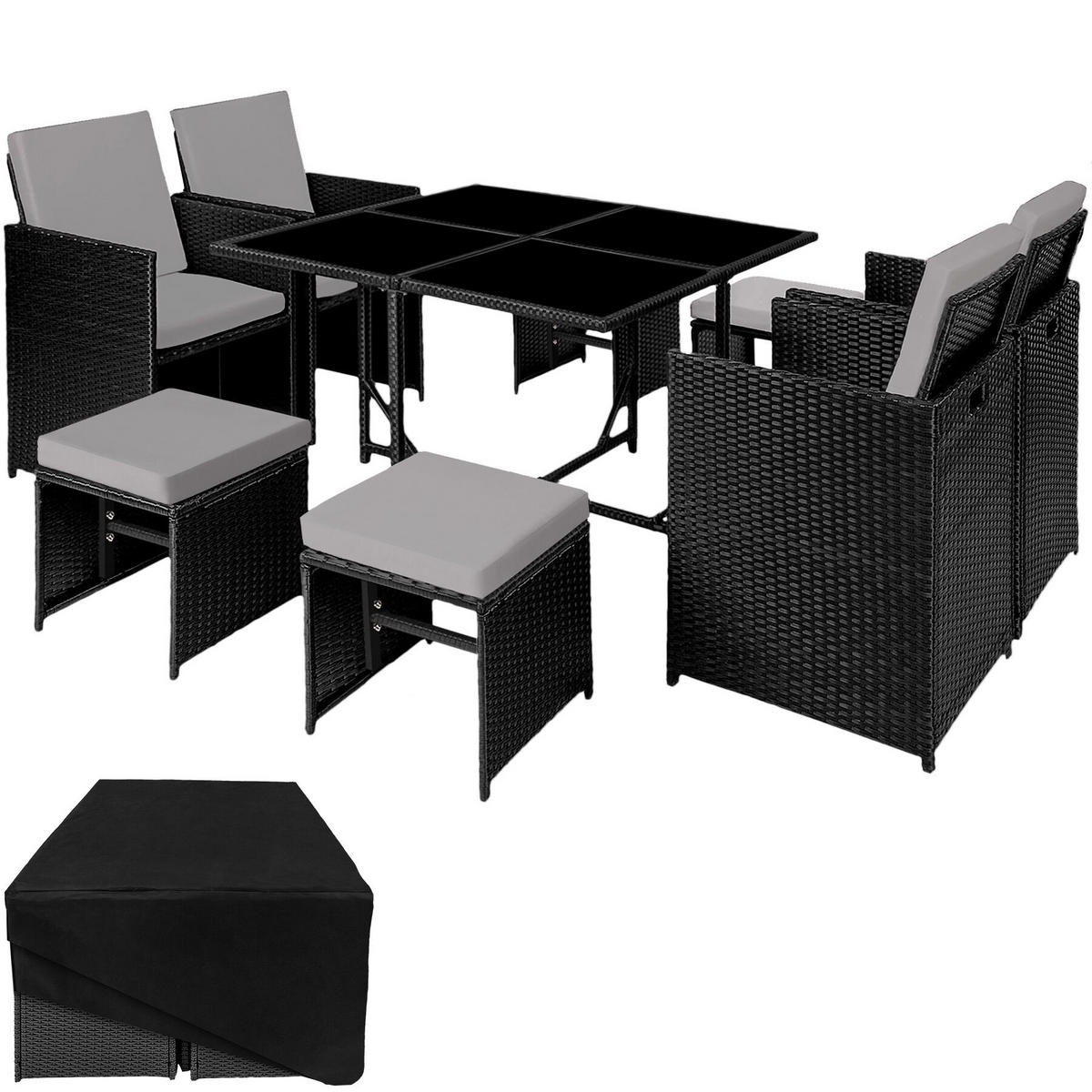 RATTAN SITZGRUPPE Bilbao,zusammenschiebbar, inklusive Schutzhülle,schwarz/grau - Schwarz/Grau, Kunststoff - tectake