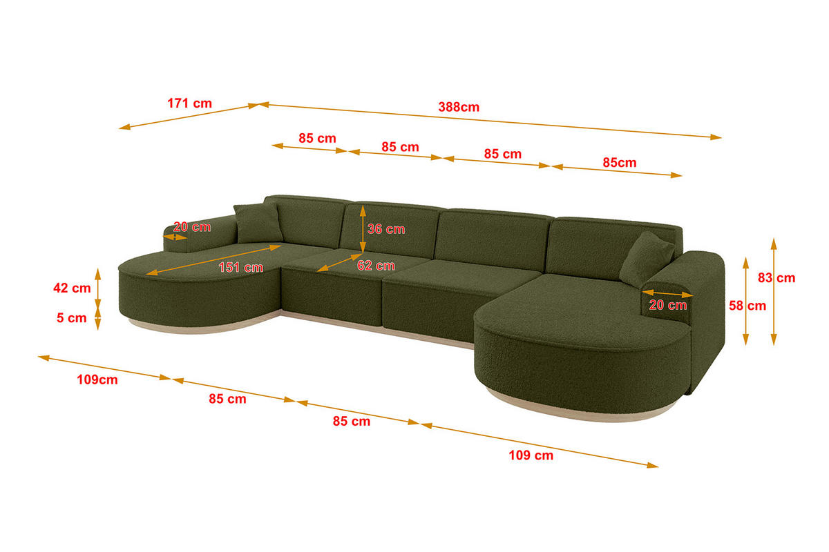 WOHNLANDSCHAFT MARI-U2-v1 - 388x171x83 cm Grün Bouclé - Grün, Holzwerkstoff/Textil (388/83/171cm) - ALTDECOR
