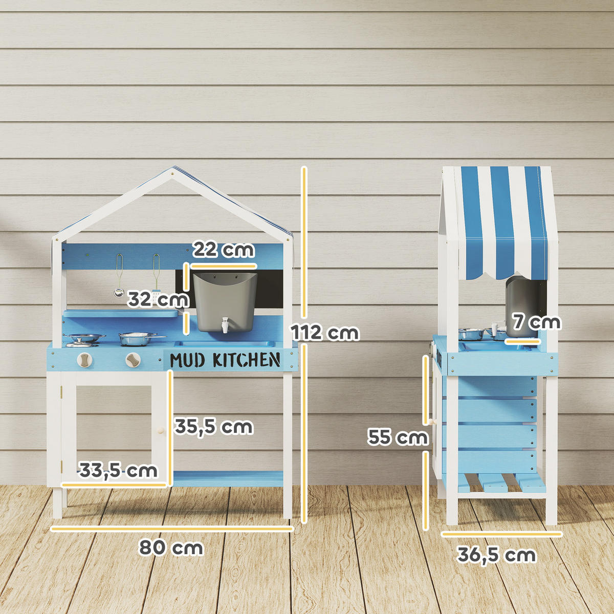 MATSCHKÜCHE Kinder Outdoor Gartenspielküche mit Herd, Spüle, Zubehör Blau - Blau, Holz (80/36.5/112cm) - AIYAPLAY