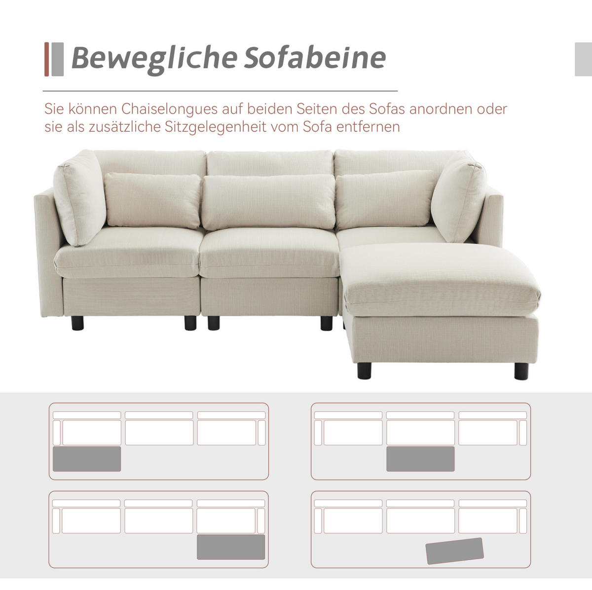 ECKSOFA 220/83/81 cm beige aus Leinen mit Fußhocker - Beige, Textil (83/220cm) - OKWISH