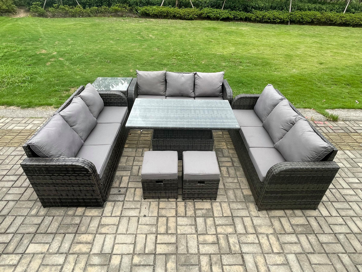GARTENSOFA SET Polyrattan 11-Sitzer - Dunkelgrau/Grau, Glas/Kunststoff - Fimous