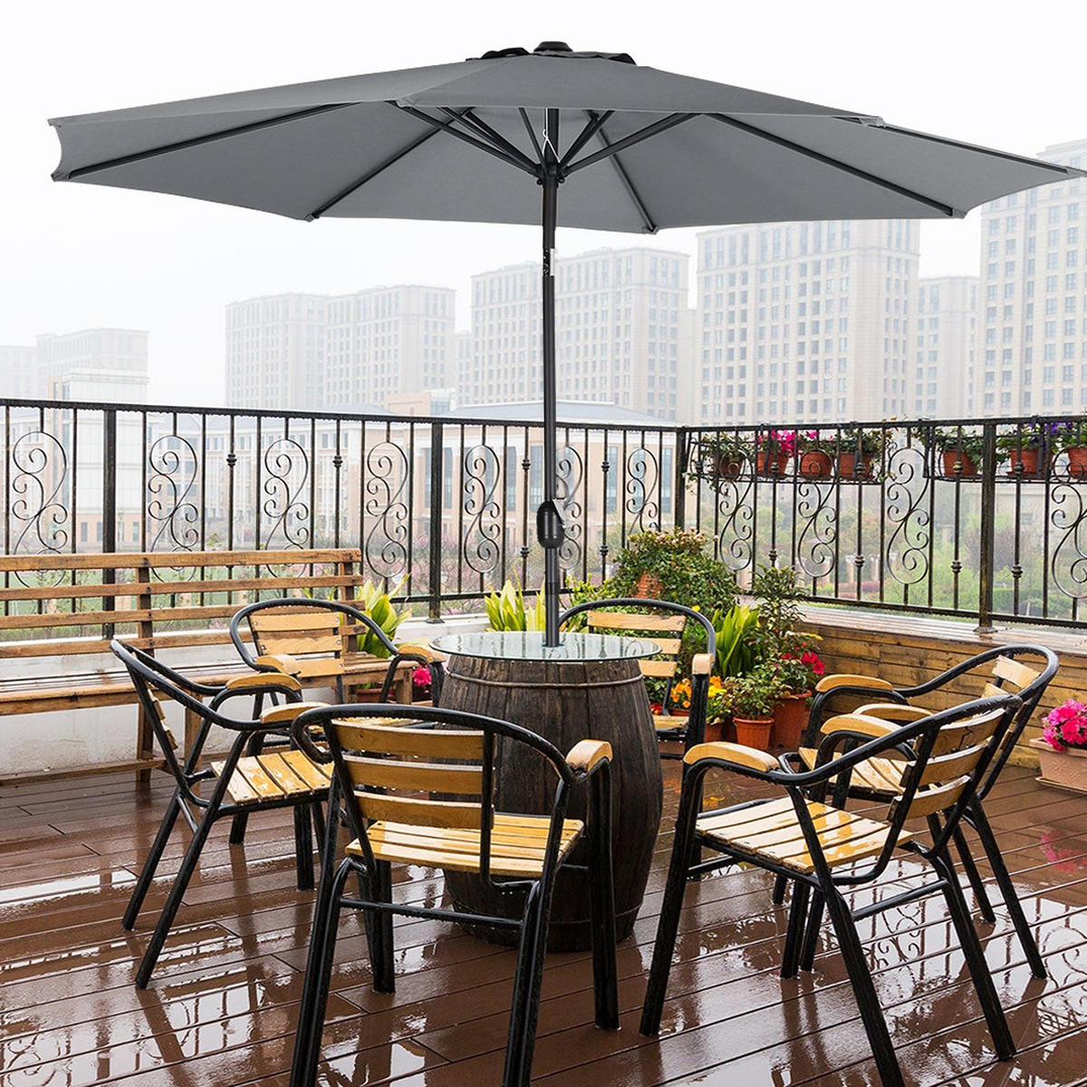 SONNENSCHIRM aus Polyester Metall in Dunkelgrau mit Resin-Sockel wetterfest UV-beständig drehbar 360° neigbar 60° 3 x 2.4m Ø49 × 35 cm - Grau, Metall (240/50cm) - Livingandhome