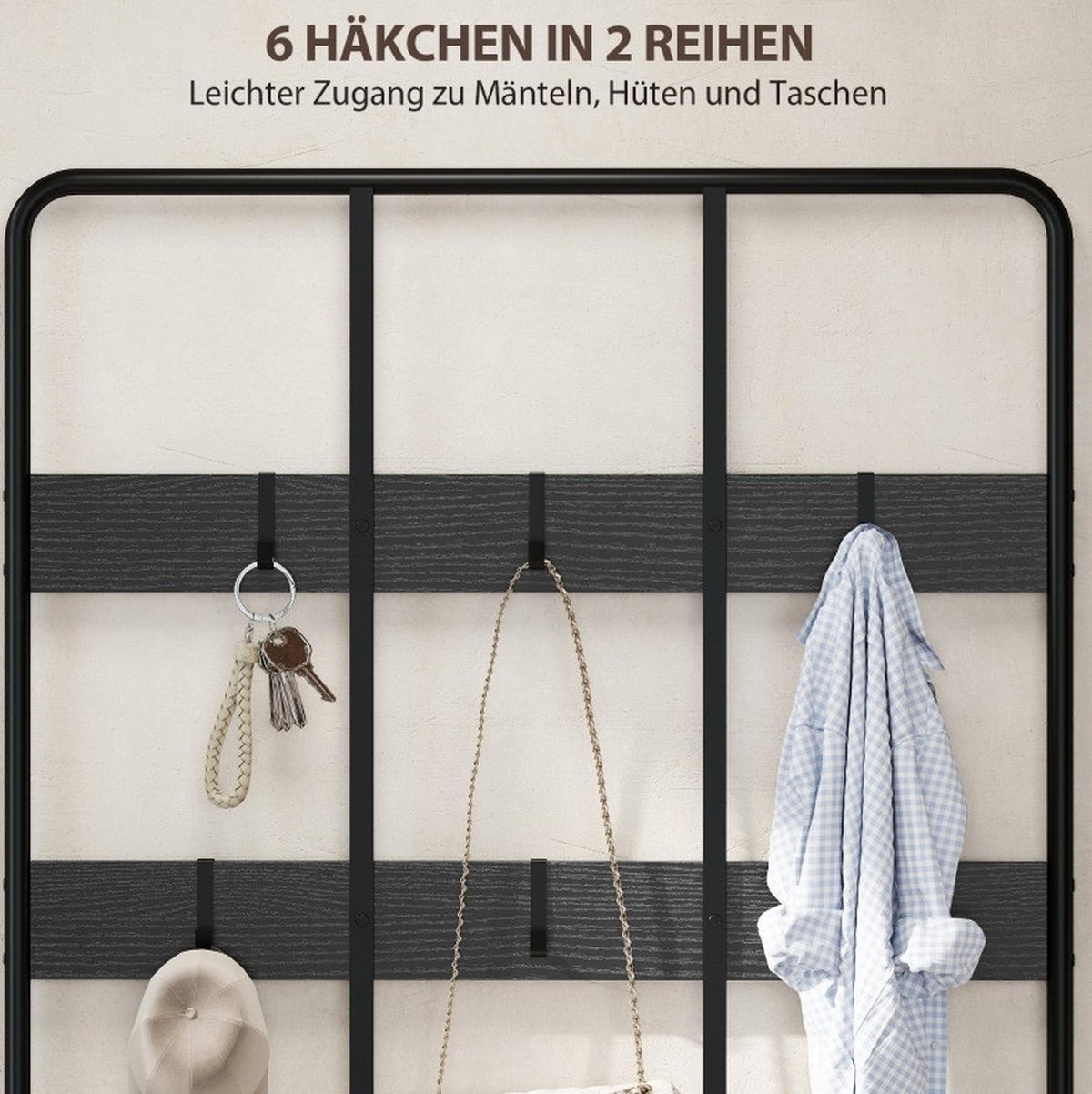 STANDGARDEROBE 91/36/180 cm mit 6 Haken, Sitzbank und Schuhablage in Schwarz - Schwarz, Metall (91/180/36cm) - BEAOK