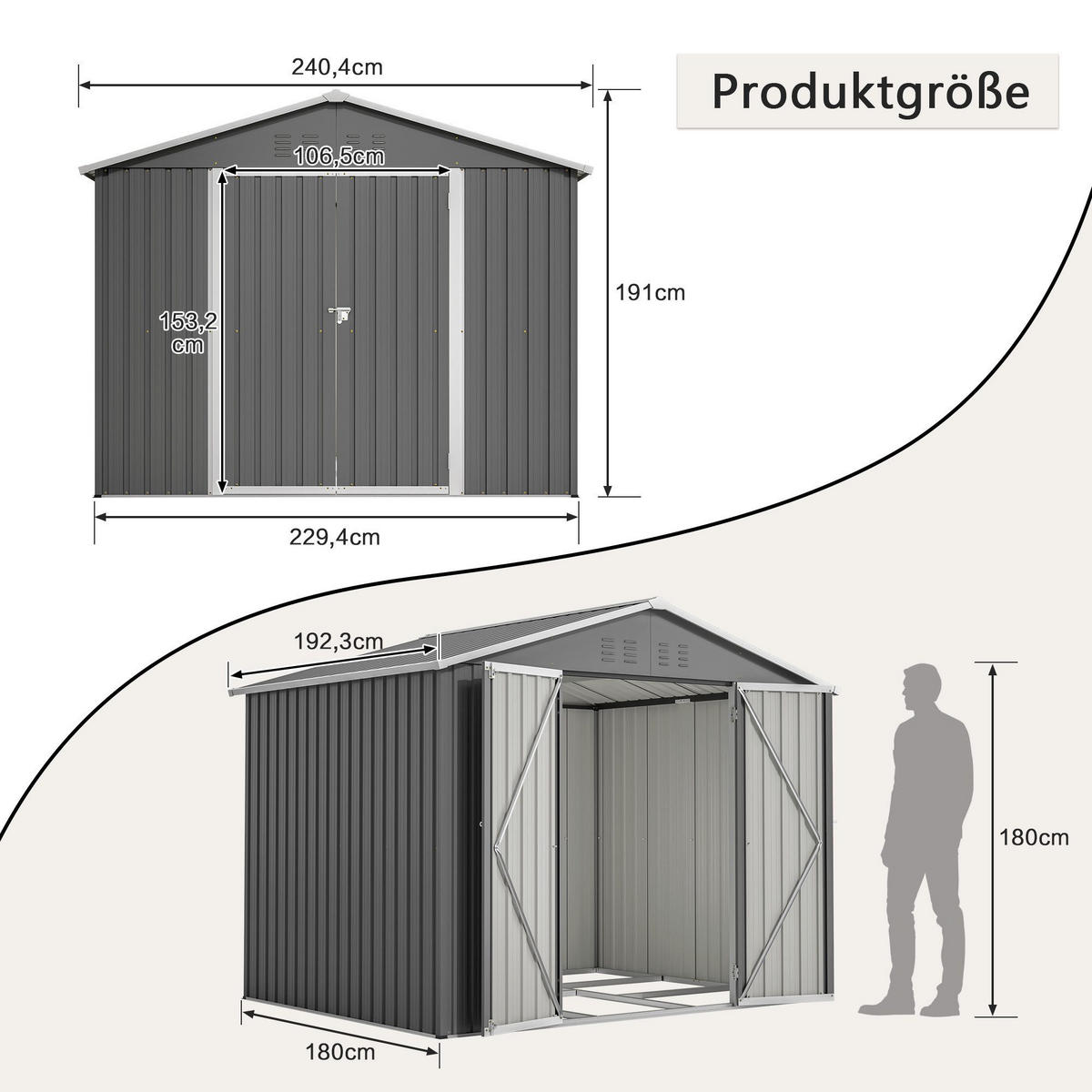 GERÄTEHAUS Metall-Geräteschuppen mit Belüftungslöchern - Grau, Metall (229.4/180cm)