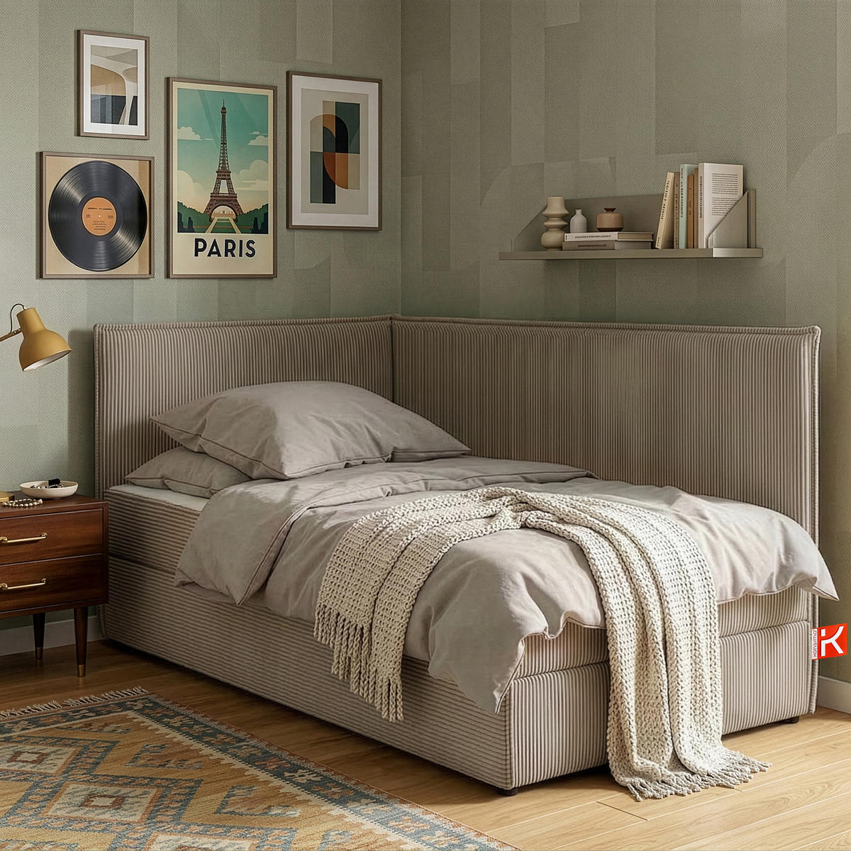 JUGENDBETT ROTI Einzelbett mit Bettkasten, 90x200cm, Bett mit Bonellmatratze, mit Rückenlehne - Beige/Schwarz, Holz/Holzwerkstoff (92/200cm) - KONSIMO®