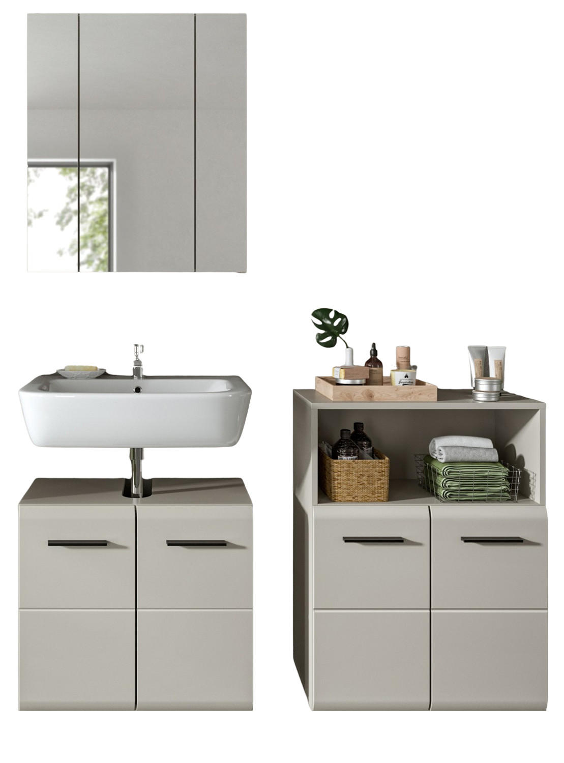 BADMÖBEL-SET Kaschmir 135 cm 3-teilig, Badezimmer Schränke in modernem Design - Kaschmir/Schwarz, Glas/Holzwerkstoff (135/185/30cm) - Inn.Furn