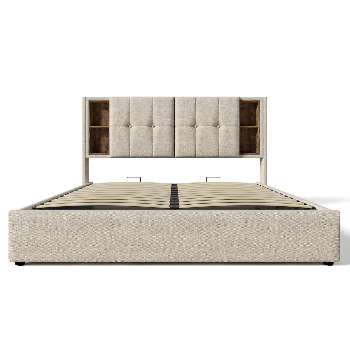 POLSTERBETT 140/200 cm mit kabellosem Laden, USB-C, Matratze, Bettkasten und Leinenbezug, Natürlich - Naturfarben, Textil (140/200cm) - Redom