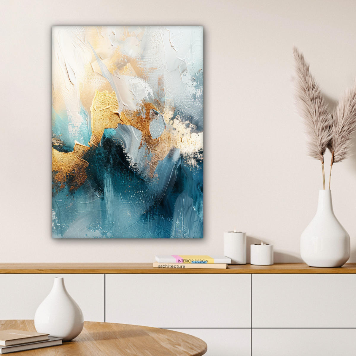 LEINWANDBILD Abstrakt - Kunst - Gold - Blau Wandbild Wohnzimmer 60x80 cm - Petrol, Textil (60/80cm) - MuchoWow