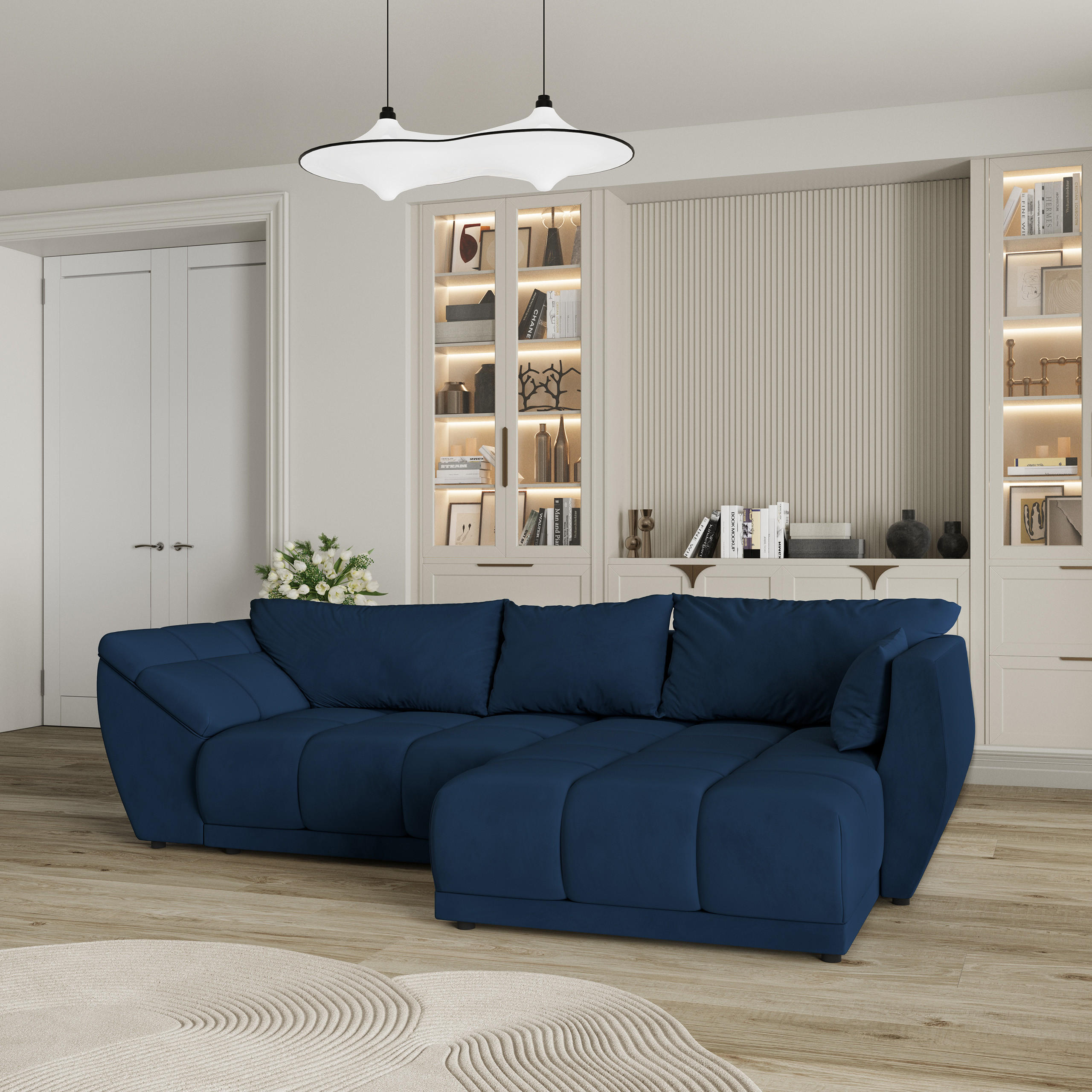 ECKSOFA ORENTI R-S Blau Velours-Stoff mit Schlaffunktion - Blau, Holz (287/182cm) - MASSENO