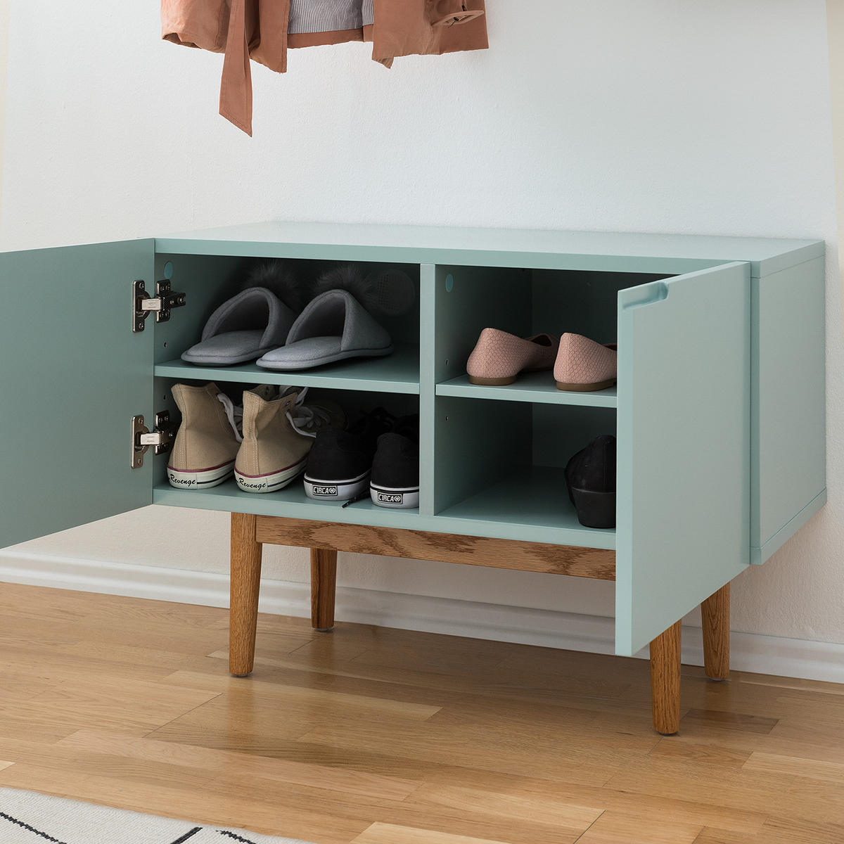 SCHUHKOMMODE - Eichefarben/Mintgrün, Holzwerkstoff (76/52/37cm) - home24