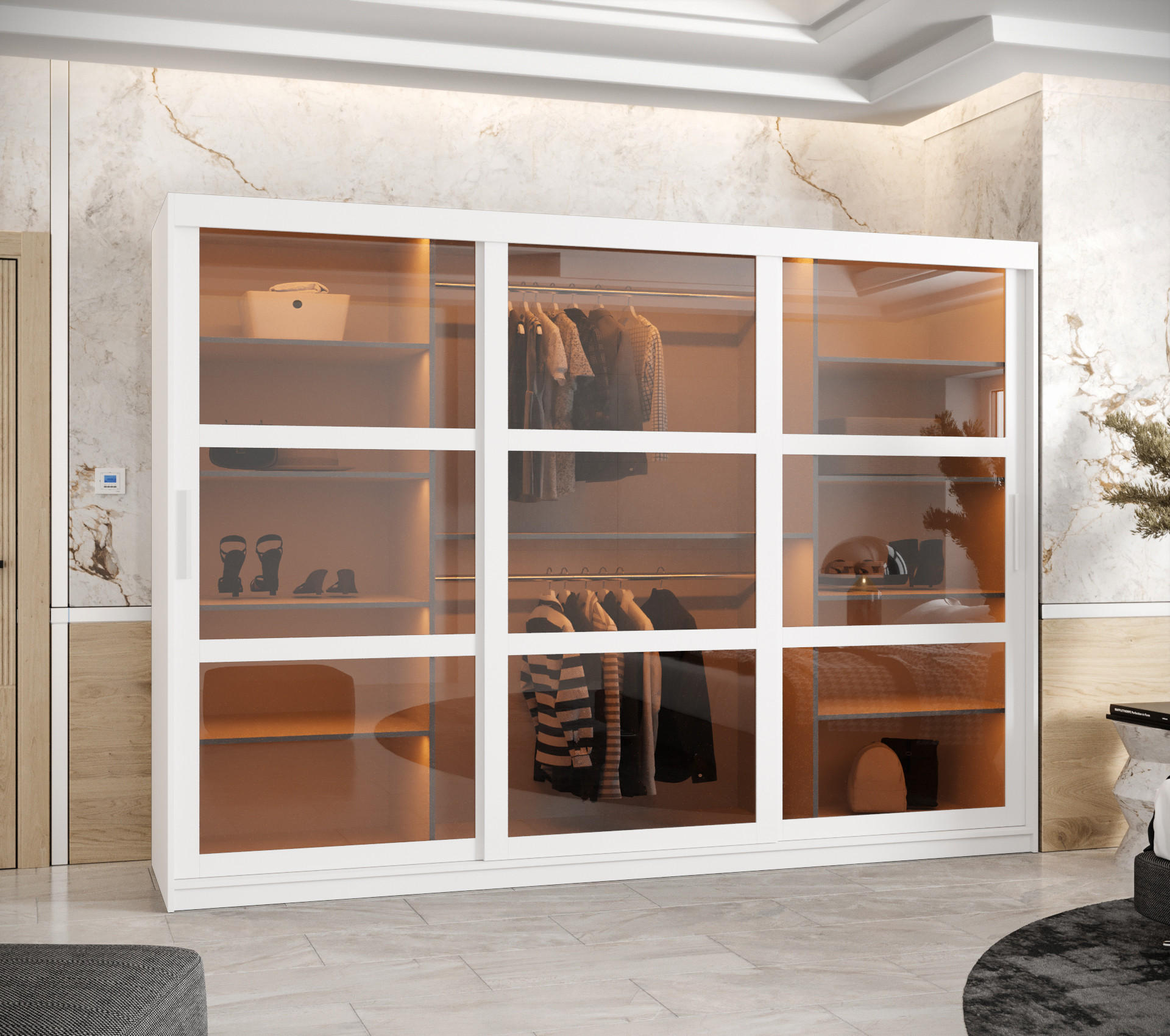SCHWEBETÜRENSCHRANK 200/250/62 3-türig - Silberfarben/Weiß, Holz/Kunststoff (250/200/62cm) - Abiks Möbel