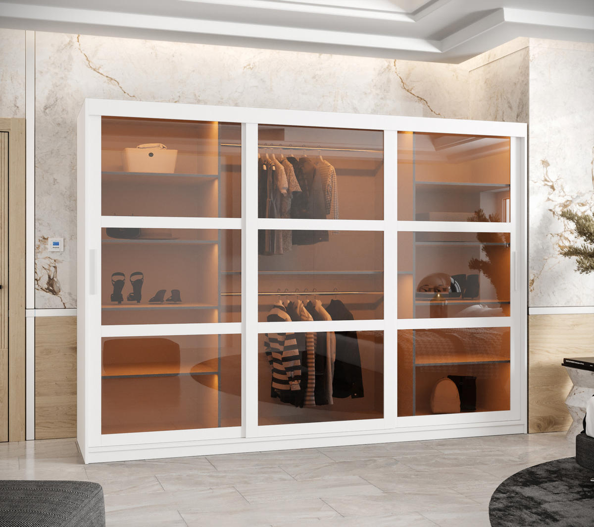 SCHWEBETÜRENSCHRANK 200/250/62 3-türig - Silberfarben/Weiß, Holz/Kunststoff (250/200/62cm) - Abiks Möbel