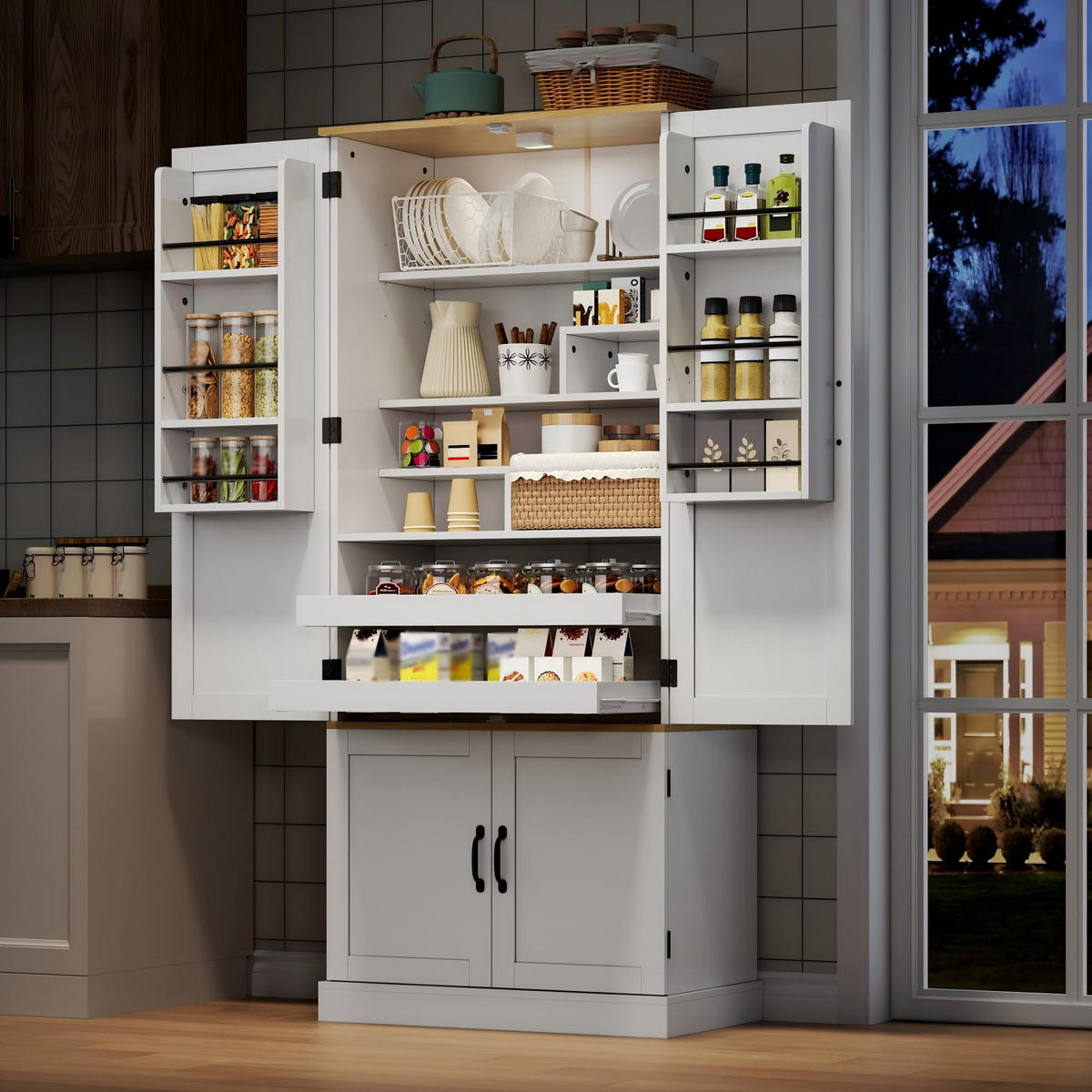 GESCHIRRSCHRANK 181 cm MDF Weiß mit Bewegungssensor LED und Schubladen - Weiß, Holzwerkstoff (80.01/181.1/39.62cm) - Korfee