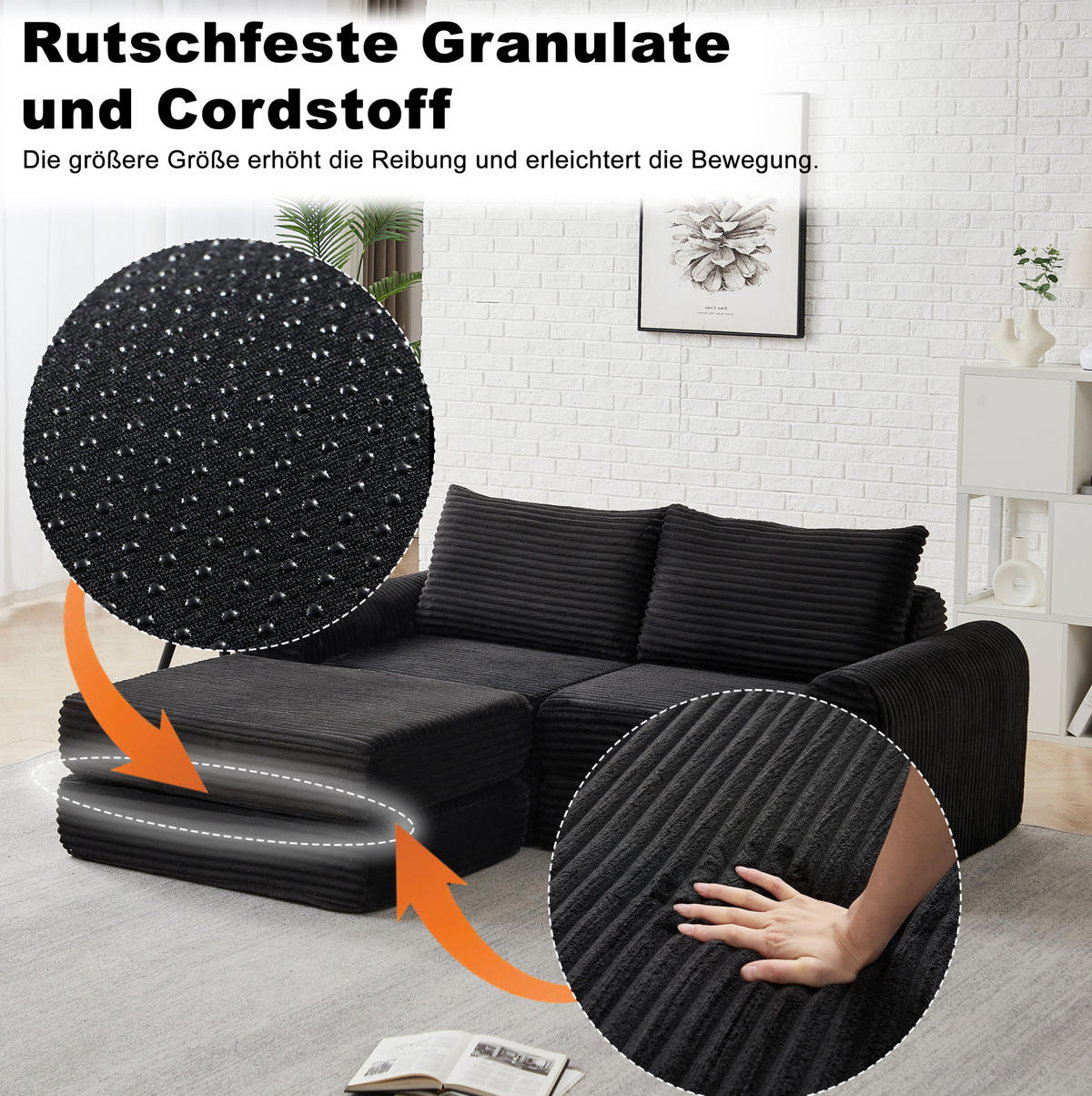 SCHLAFSOFA in Schwarz – modular, mit umstellbarer Fußstütze - Schwarz, Textil (243/53/194cm) - BEAOK