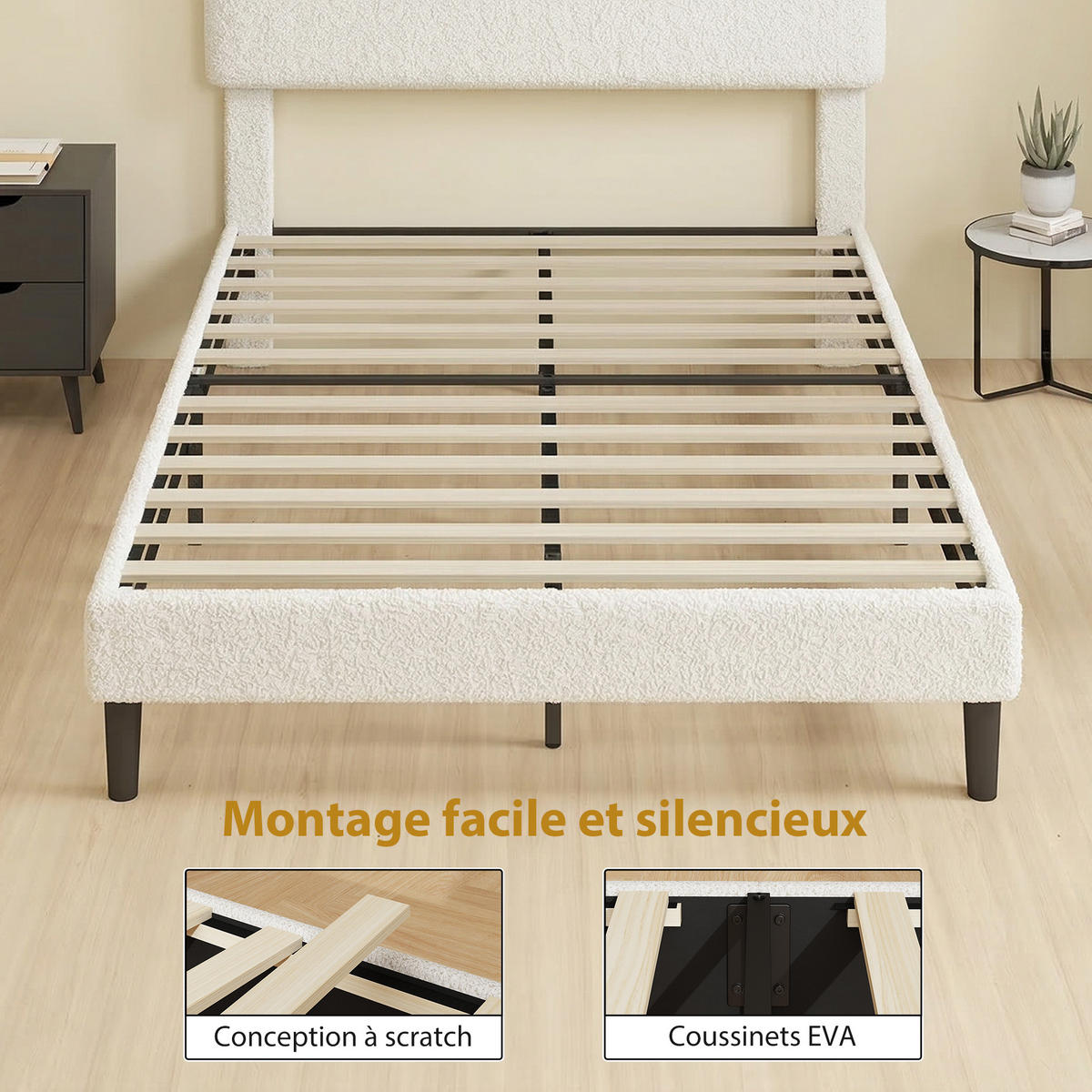 BETT 140x190 cm DE-14666 mit verstellbarem Kopfteil & Teddyvelours Weiß - Weiß, Metall (140/190cm) - ComfortXL