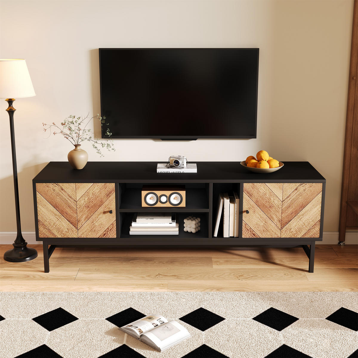 LOWBOARD in Schwarz und Naturfarben TV-Schrank mit vielseitigem Stauraum für Wohnzimmer, B150/T38/H55 cm - Schwarz/Naturfarben, Holzwerkstoff/Metall (150/55/38cm) - STILVORA