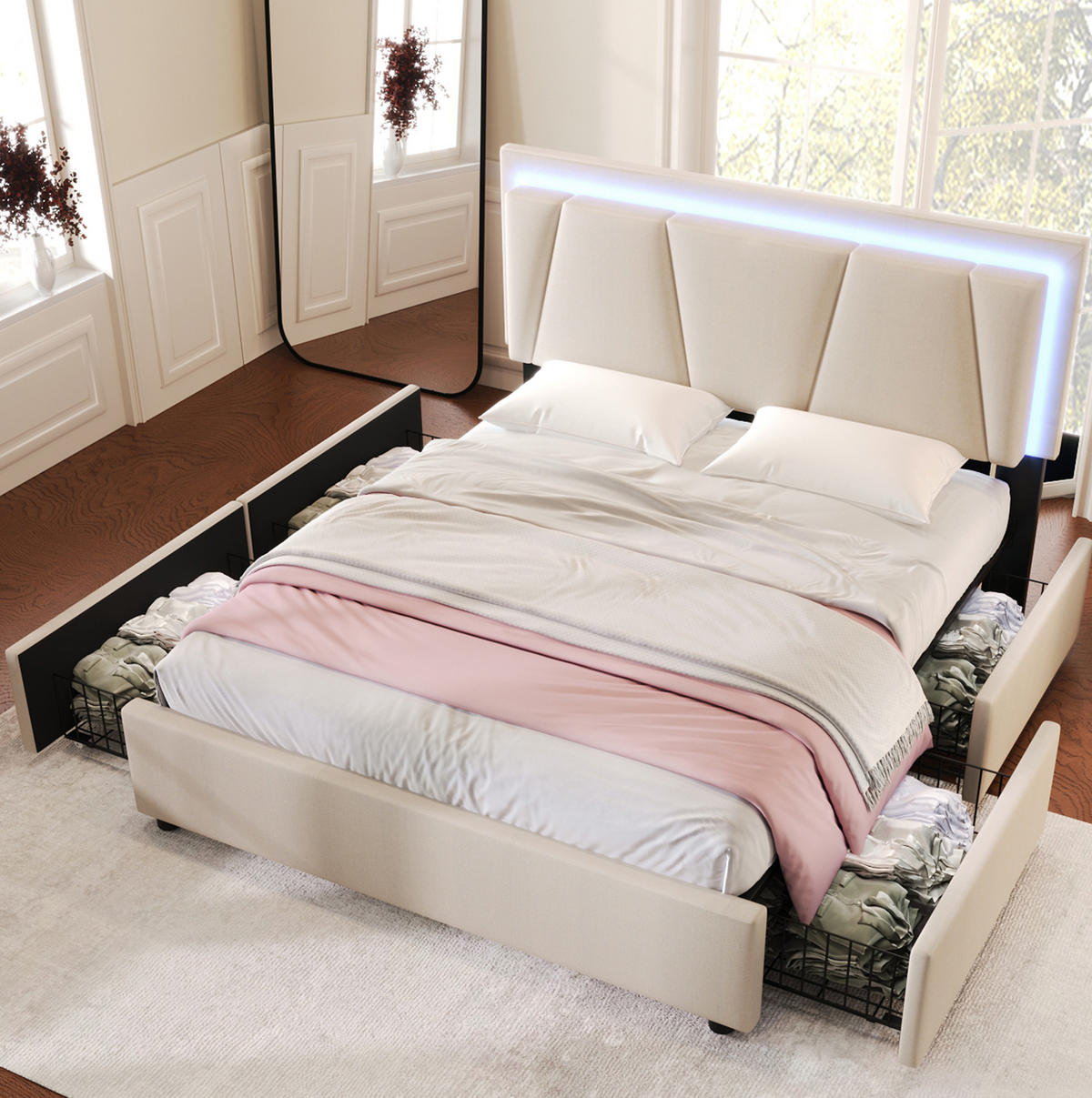 POLSTERBETT 160/200 cm Beige aus Holz mit Matratze und LED-Beleuchtung - Beige, Holz (160/200cm) - OKMYHOME