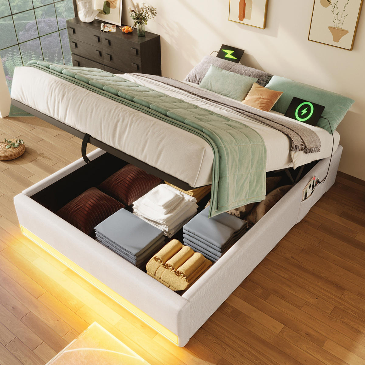 POLSTERBETT 90/200 cm Beige mit Stauraum, LED-Beleuchtung und USB - Beige, Textil (90/200cm) - Flora Grace