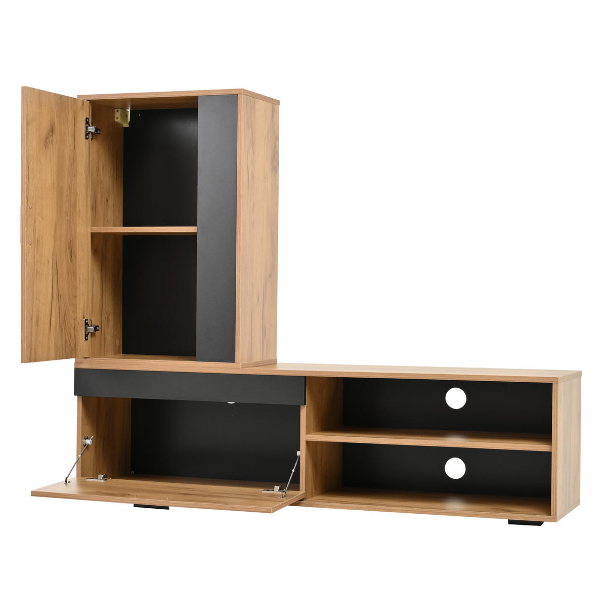 LOWBOARD TV-Möbel-Set 140/35/39 cm aus Spanplatte mit Sanftschluss-Scharnieren Eichefarben/Schwarz - Naturfarben, Holzwerkstoff (140/39/35cm) - Modenvie