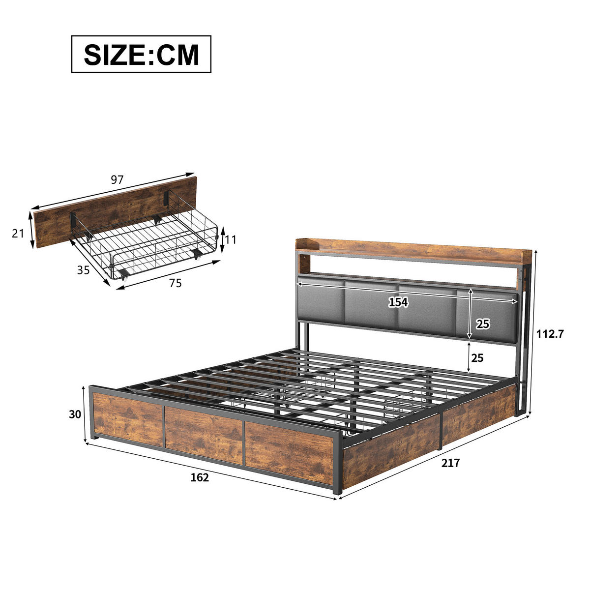 POLSTERBETT 160x200 cm Doppelbett, 4 Schubladen, verstellbare LED-Leuchten, weiches PU-Leder, Braun - Braun, Holz (160/200cm) - BRILVERDE