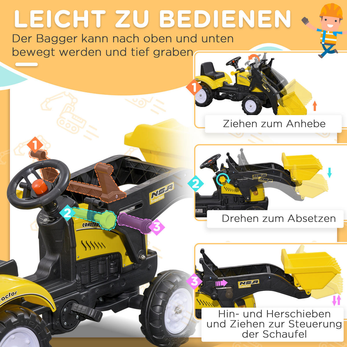 KINDER RUTSCHAUTO, Schwarz+Gelb, Eisen+ Kunststoff - Schwarz, Metall (114/41/52cm) - HOMCOM