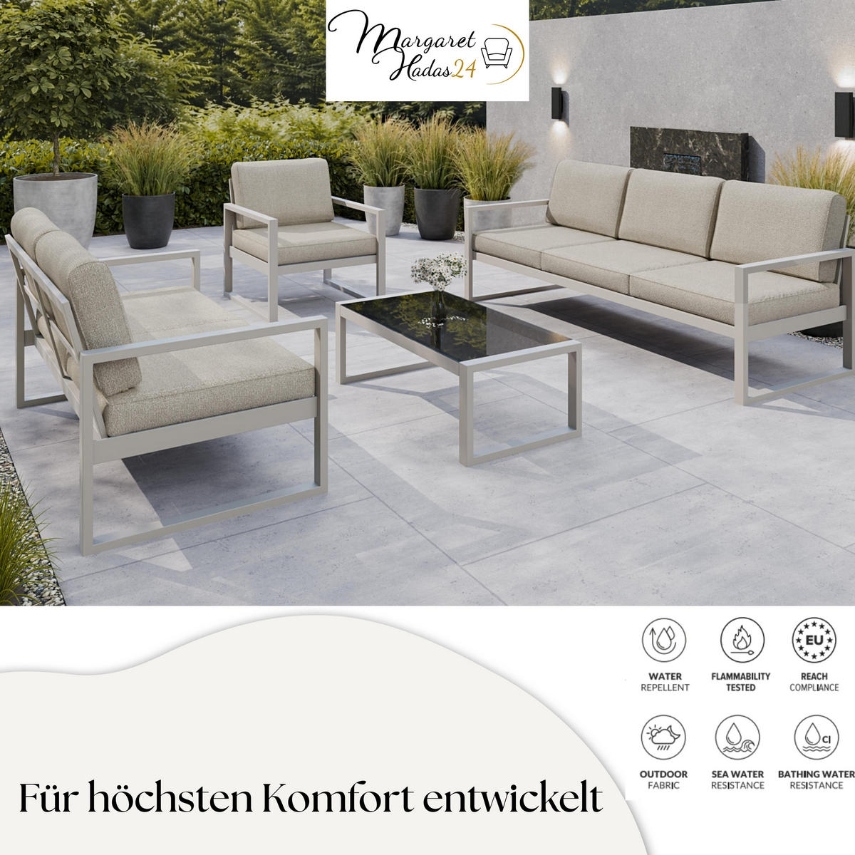 GARTENSET Madera für 6 Personen Balkonmöbel Aluminium Terassenmöbel Sitzbank, 4-tlg. Tisch kaschmir, ecru - Kaschmir/Ecru, Kunststoff/Metall - Margaret Hadas24