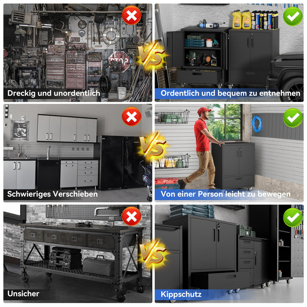 WERKZEUGSCHRANK Metall mit Rollen 101,5x76x51 cm – Heavy Duty, großer Stauraum, Werkstattwagen für Garage, Büro & Haushalt, Schwarz/Grau - Schwarz, Metall (76/51/101.5cm) - Ej. Life