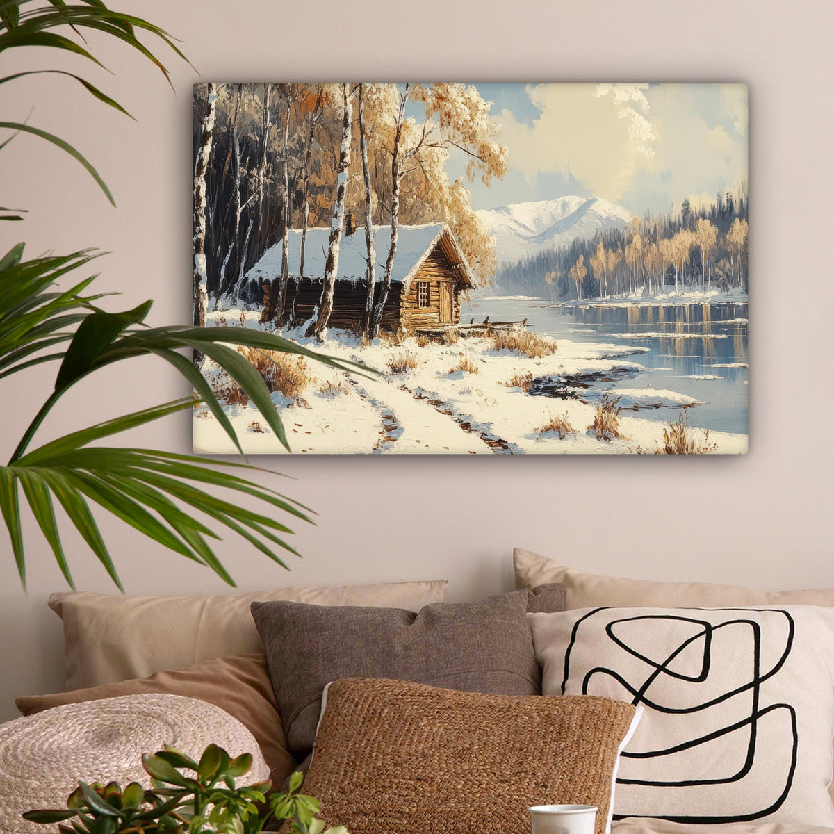 LEINWANDBILD Winter - Schnee - Zuhause - Natur Gemälde 60x40 cm - Hellbraun, Textil (60/40cm) - MuchoWow