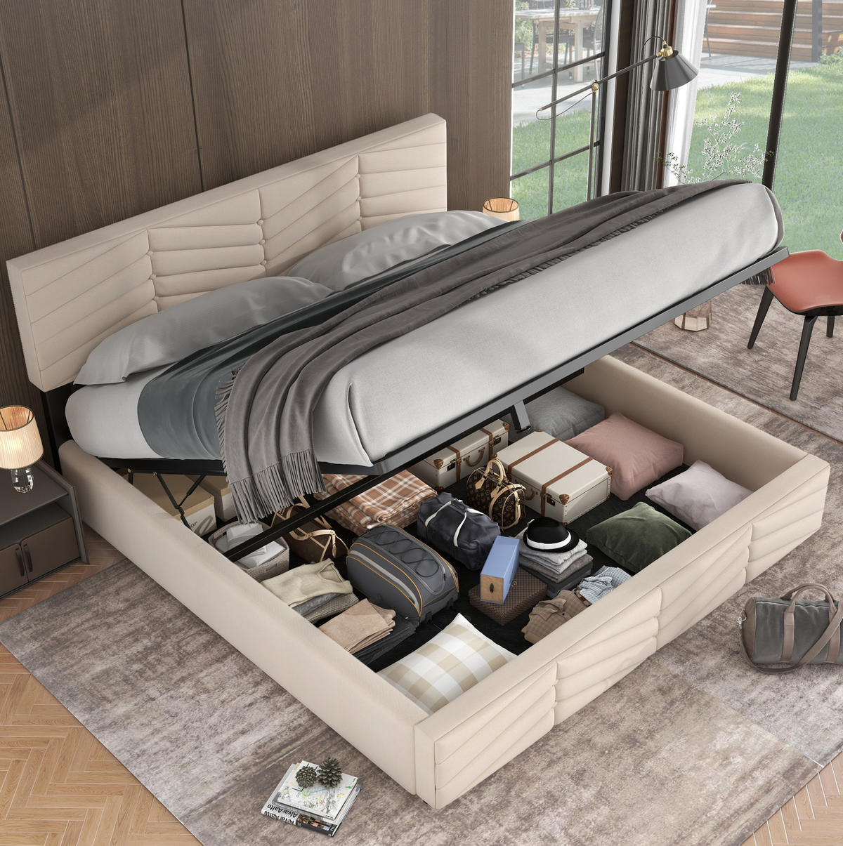 POLSTERBETT mit Bettkasten 180x200 cm Samt Beige - Beige, Metall (180/200cm) - Meubliv