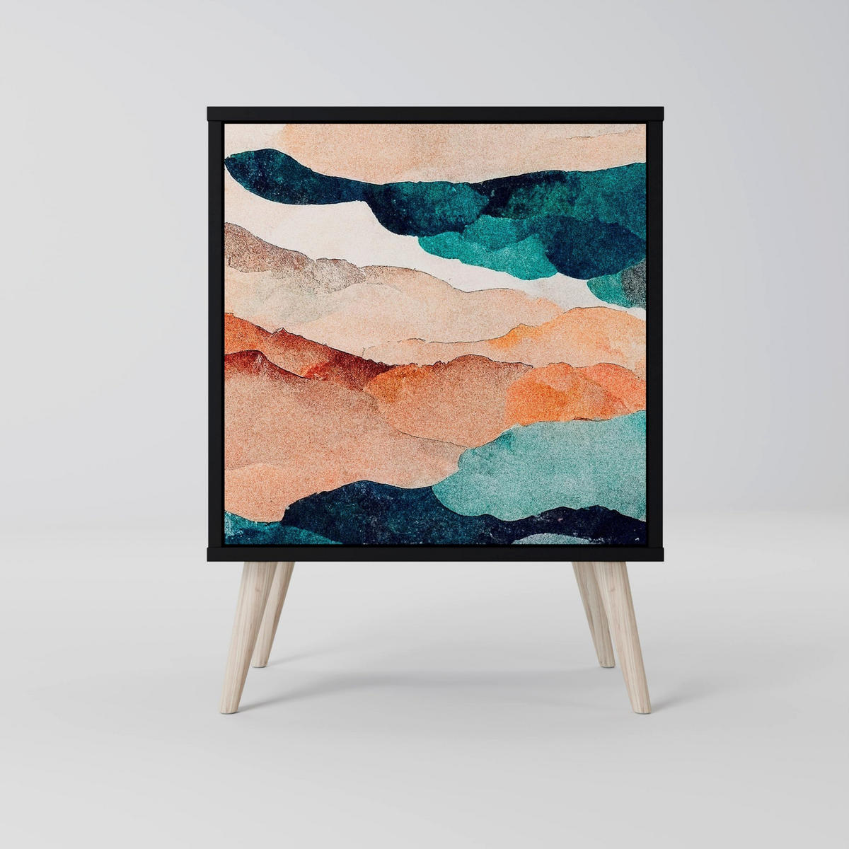SIDEBOARD ABSTRACT LANDSCAPE, Schwarz, 57,5x42x72,5 cm, Schwarze Metallfüße - Multicolor/Schwarz, Holzwerkstoff/Metall (57.5/72.5/42cm) - SpaceRebels