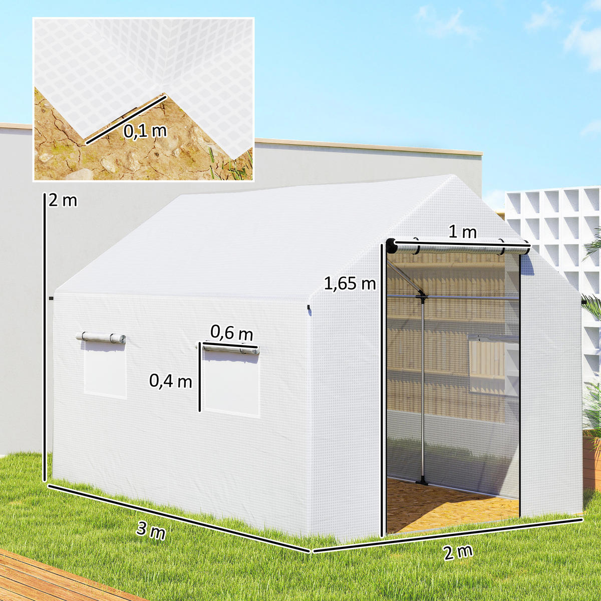 GEWÄCHSHAUS 3 x 2 x 2 m Foliengewächshaus mit 4 Mesh-Fenster Reißverschlusstür - Weiß, Metall (200/200/300cm) - Outsunny