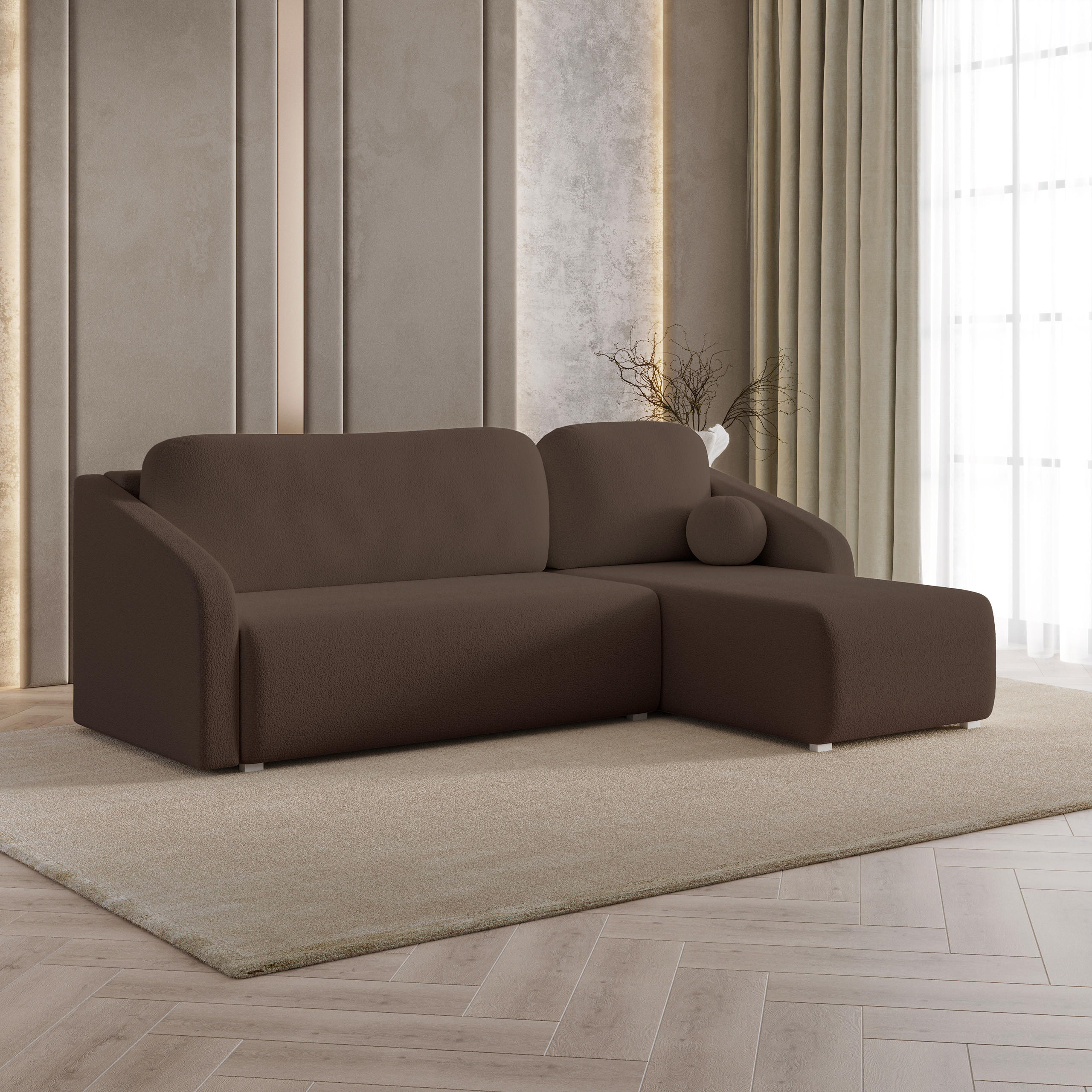 ECKSOFA MARELLO Braun Boucle-Stoff mit Schlaffunktion - Braun, Holz (220/143cm) - MASSENO