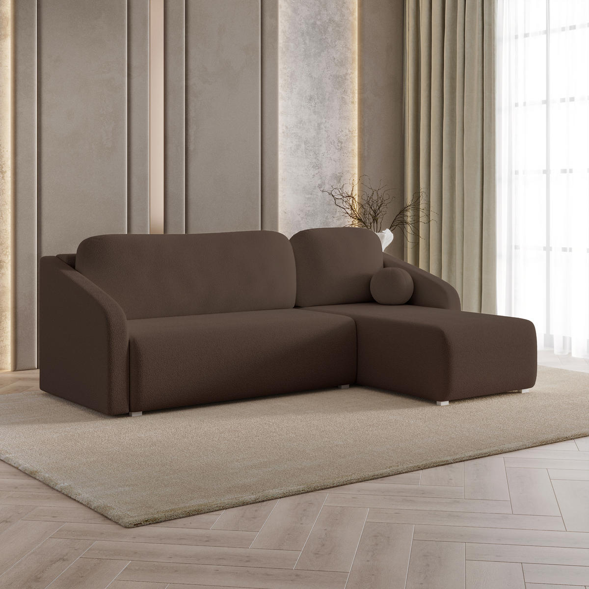 ECKSOFA MARELLO Braun Boucle-Stoff mit Schlaffunktion - Braun, Holz (220/143cm) - MASSENO