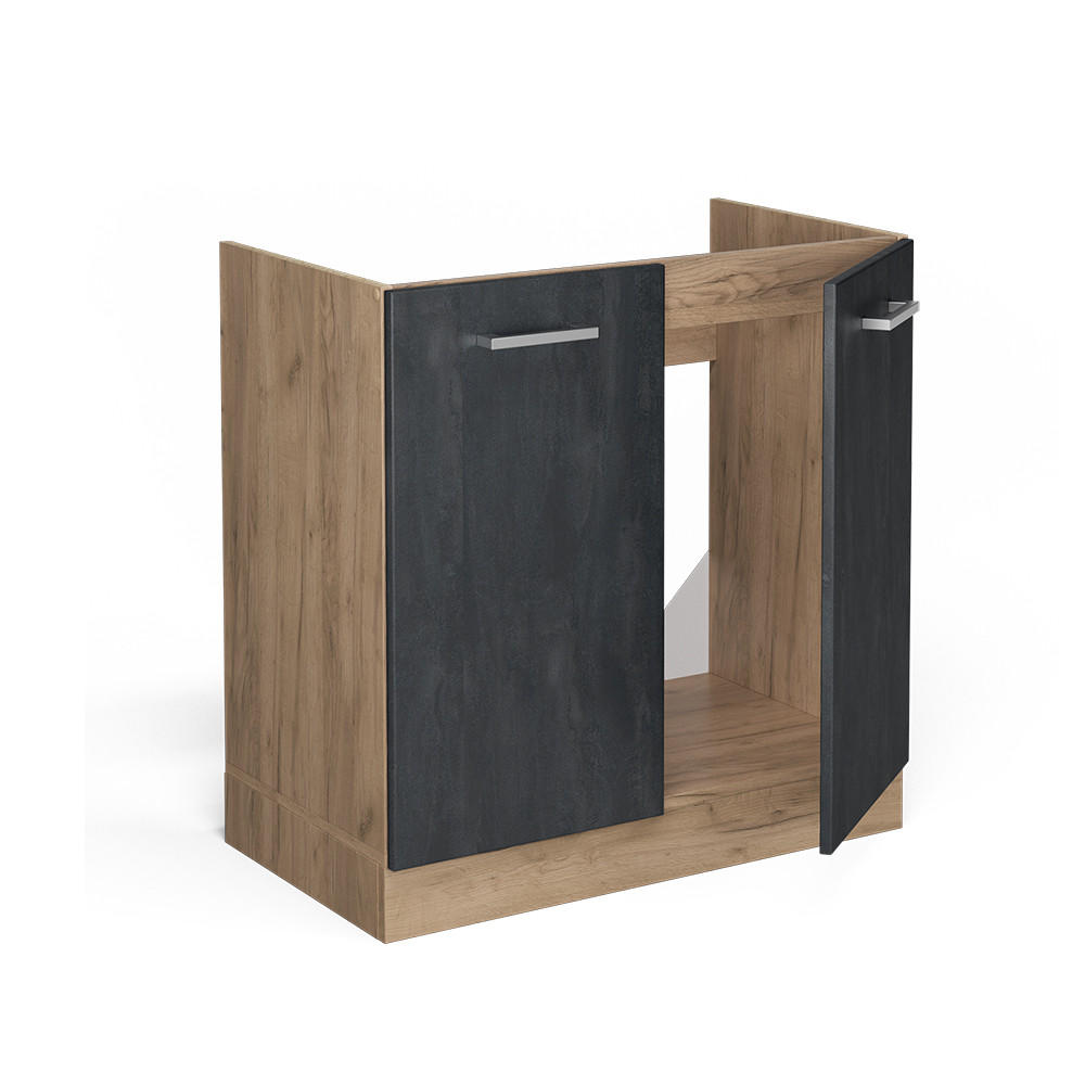 SPÜLENUNTERSCHRANK R-Line Schwarz Beton 80 cm ohne AP - Honigeiche/Eiche Wotan, Holzwerkstoff (80/81.6/46cm) - Vicco