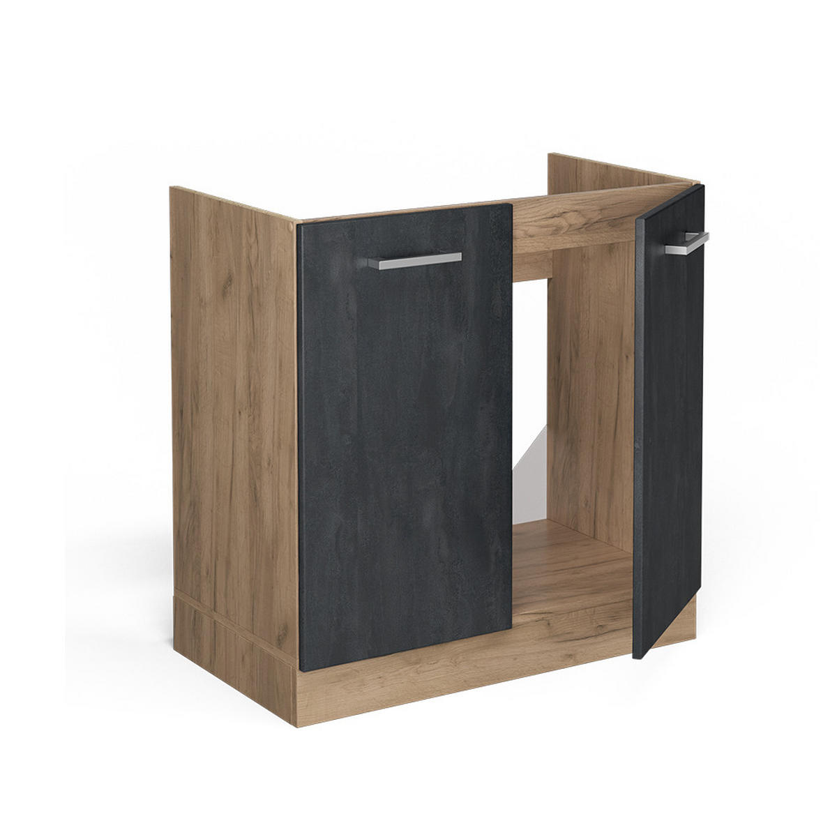 SPÜLENUNTERSCHRANK KÜCHENSCHRANK R-Line Schwarz Beton 80 cm AP Eiche - Eiche Wotan/Schwarz, Holzwerkstoff (80/81.6/60cm) - Vicco