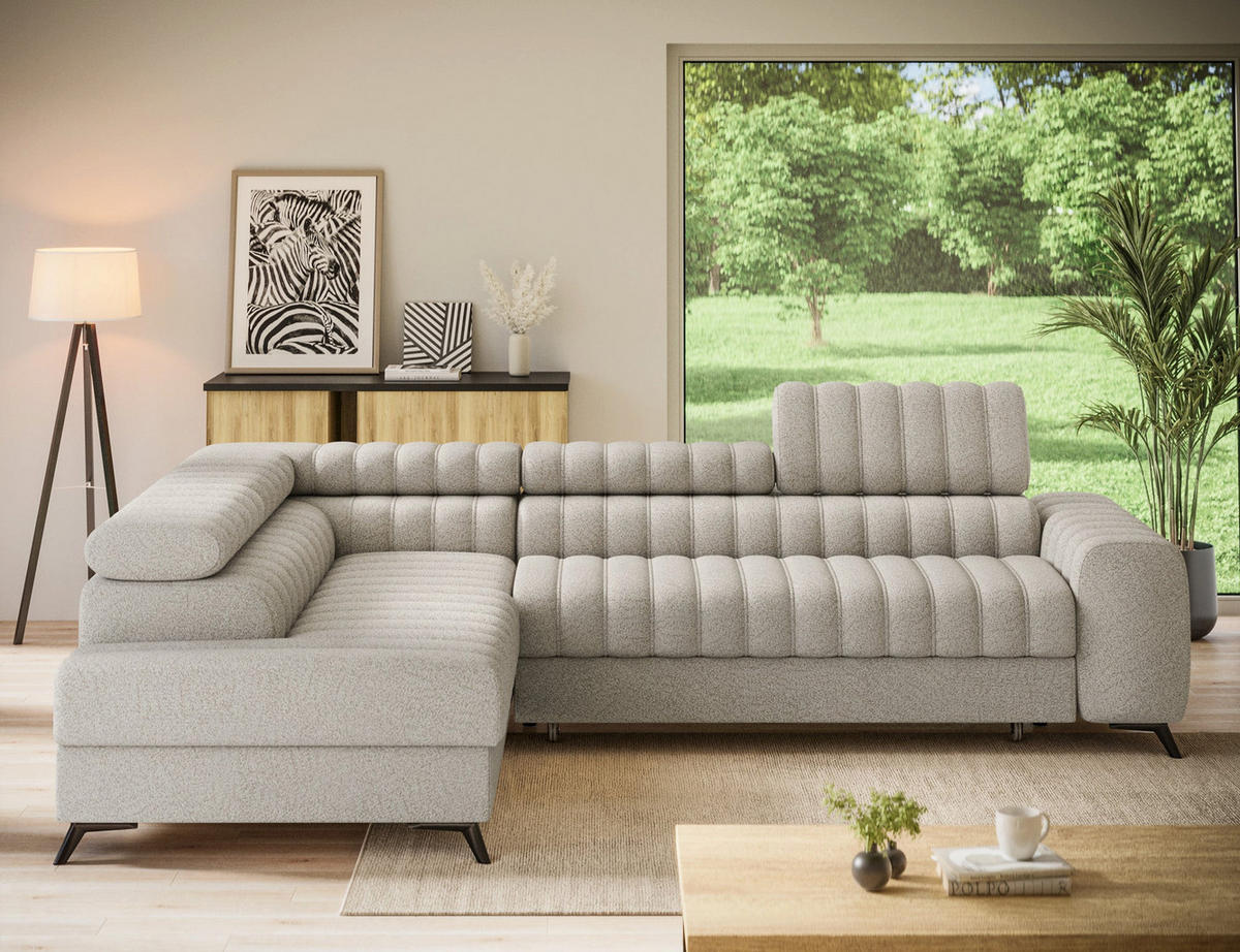 KANEDO Ecksofa mit Schlaffunktion und Bettkasten – Modernes Designsofa, verstellbare Kopfstützen, Metallfüße - Beige, Kunststoff (269/86cm) - Wohnideebilder